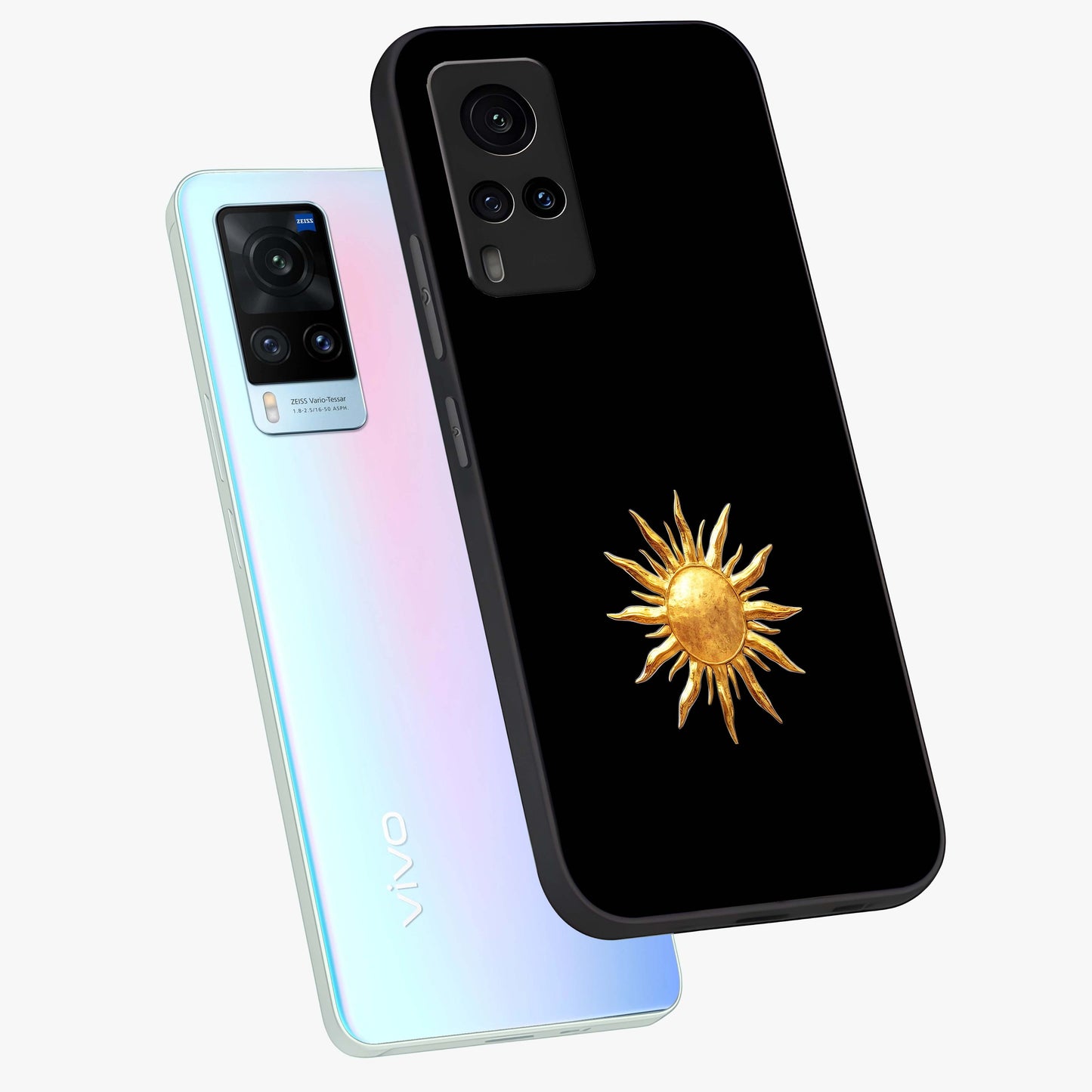 Golden Sun Minimalism Glass Case displayed in angled mockup highlighting eerie shadow illustration with gothic aesthetic.