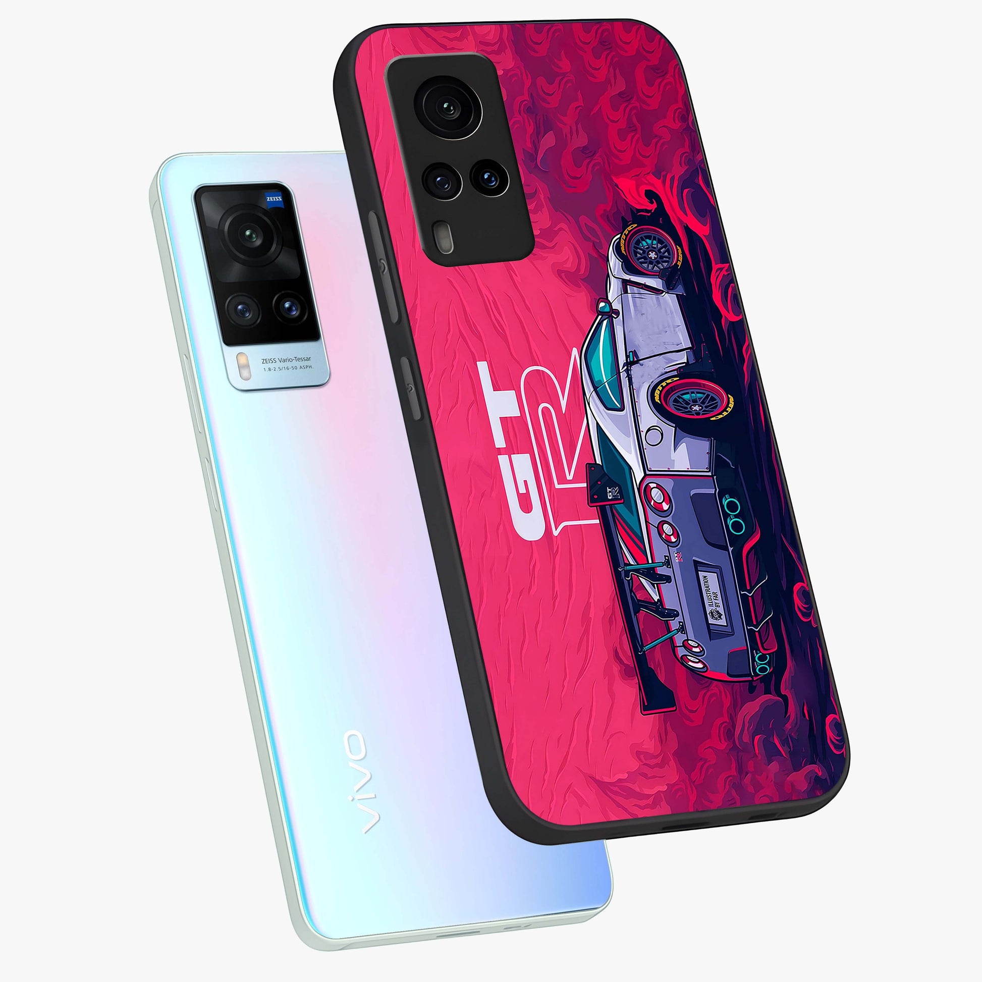 GT-R Car Pattern Glass Case displayed in angled mockup highlighting racing car graphic design with bold automotive aesthetic.