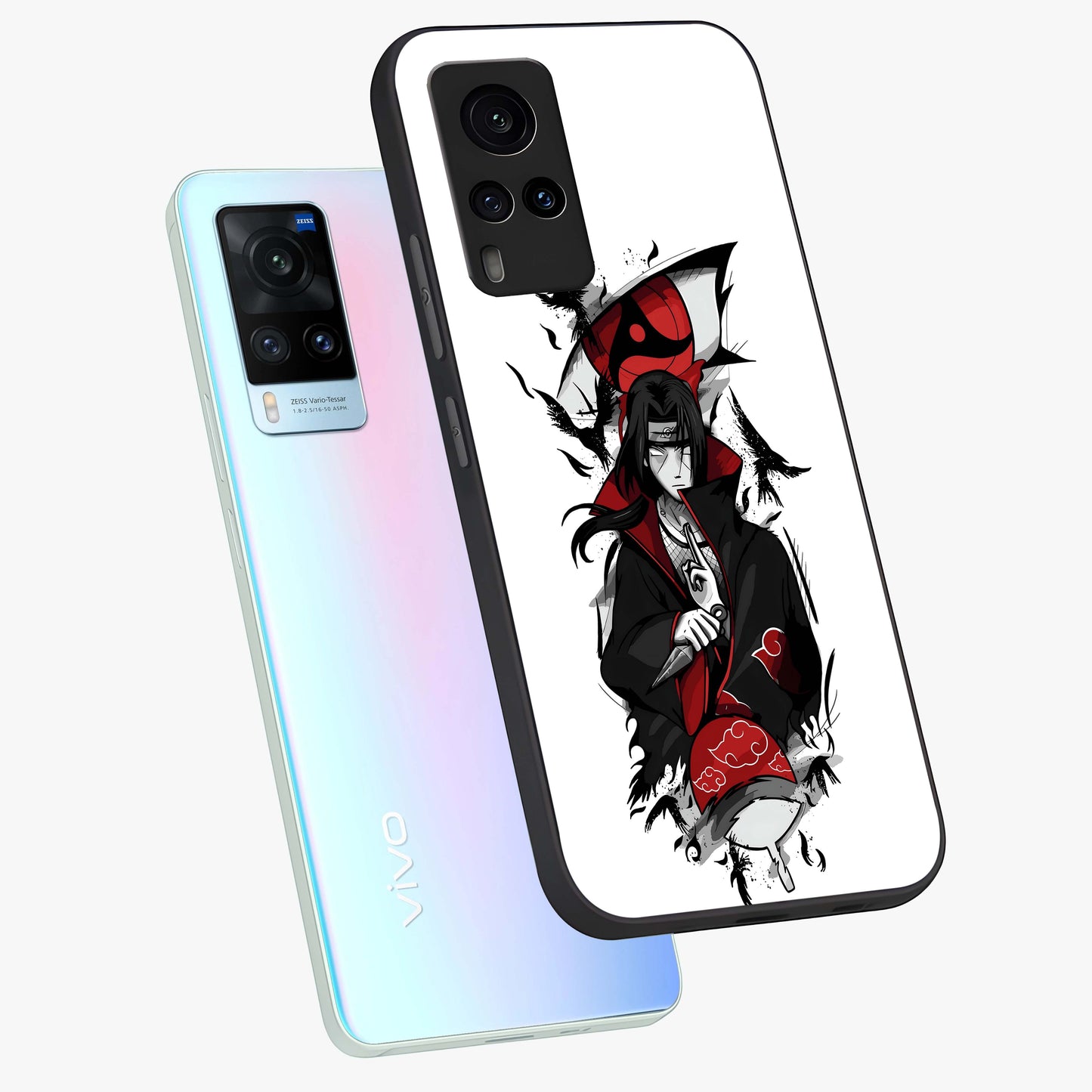 Itachi Limited Edition Naruto Anime Glass Case displayed in angled mockup highlighting dramatic anime illustration with bold action aesthetic.