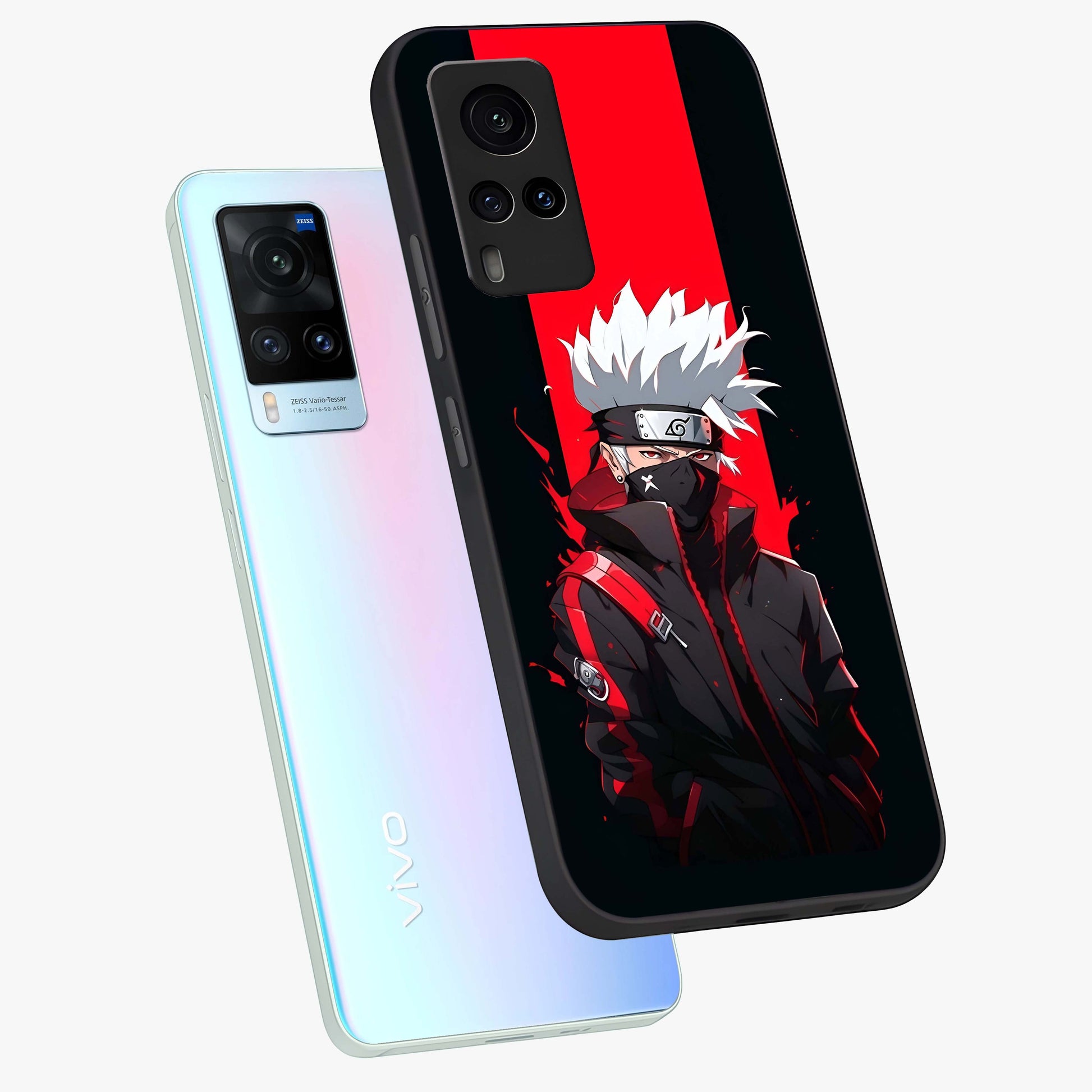 Kakashi Scarlet Shadow Glass Case displayed in angled mockup highlighting dramatic ninja illustration with scarlet themed aesthetic.