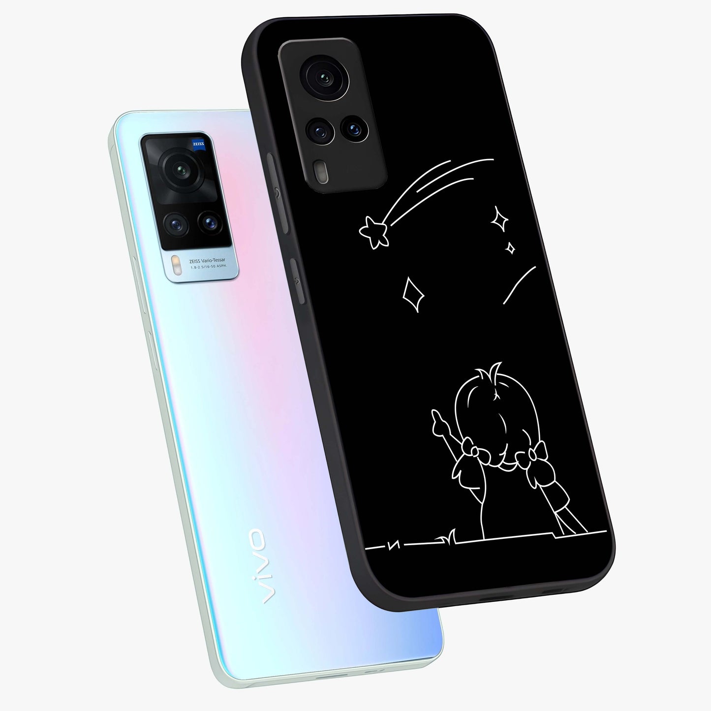 Line Art Girl With Shooting Stars Glass Case displayed in angled mockup highlighting elegant line art design with dreamy star aesthetic.