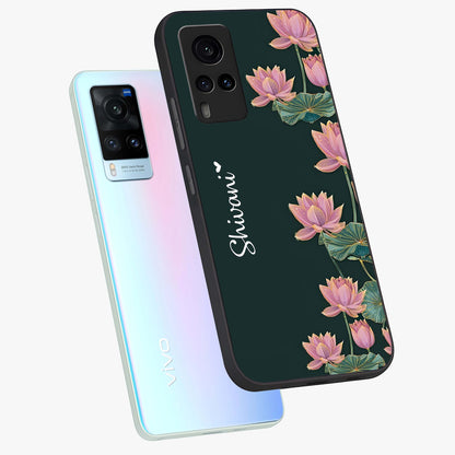 Lotus Bloom Serenity Custom Name Glass Case displayed in angled mockup highlighting graceful lotus illustration with custom name feature.