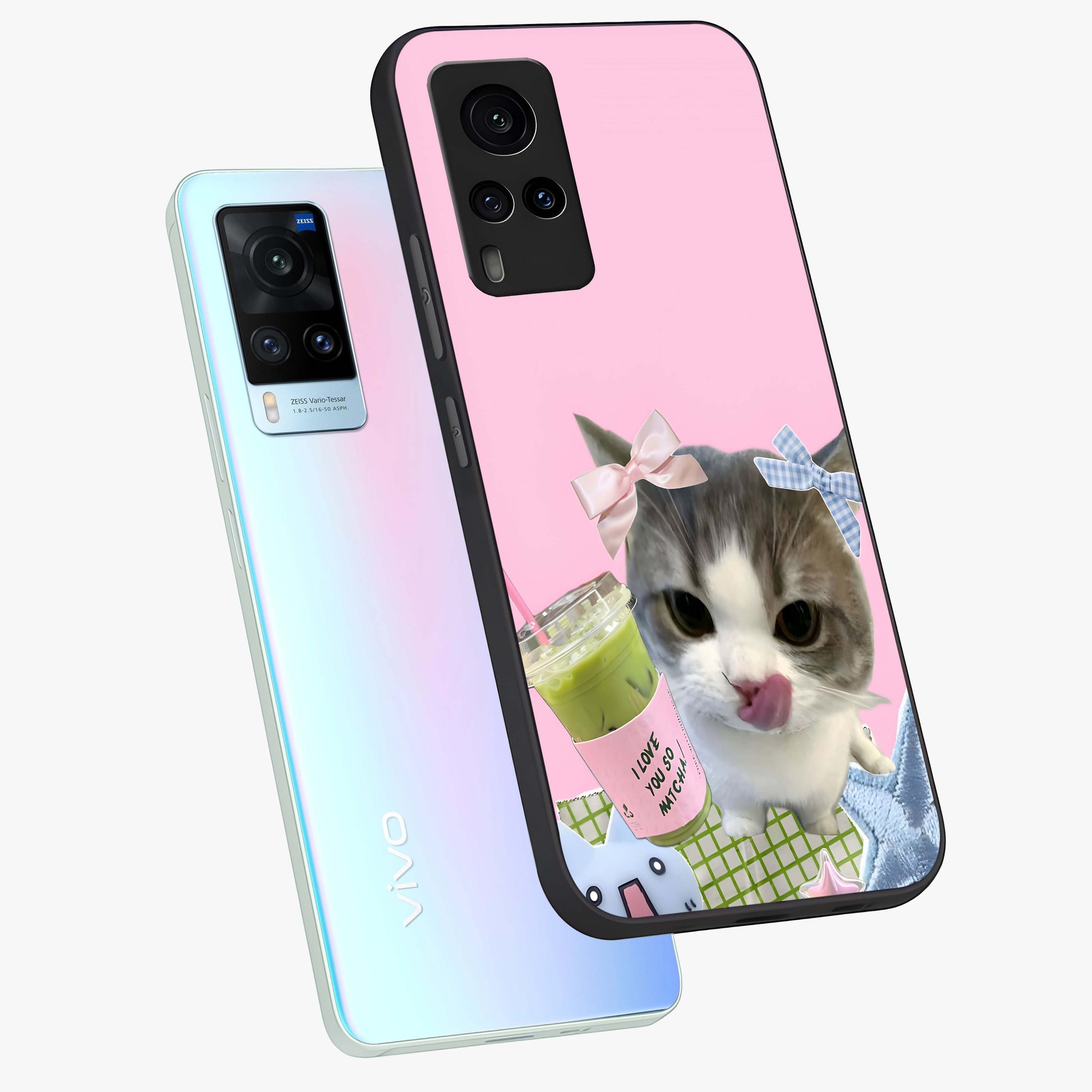 Love Matcha Cat Glass Case displayed in angled mockup highlighting playful feline illustration with cozy matcha aesthetic.
