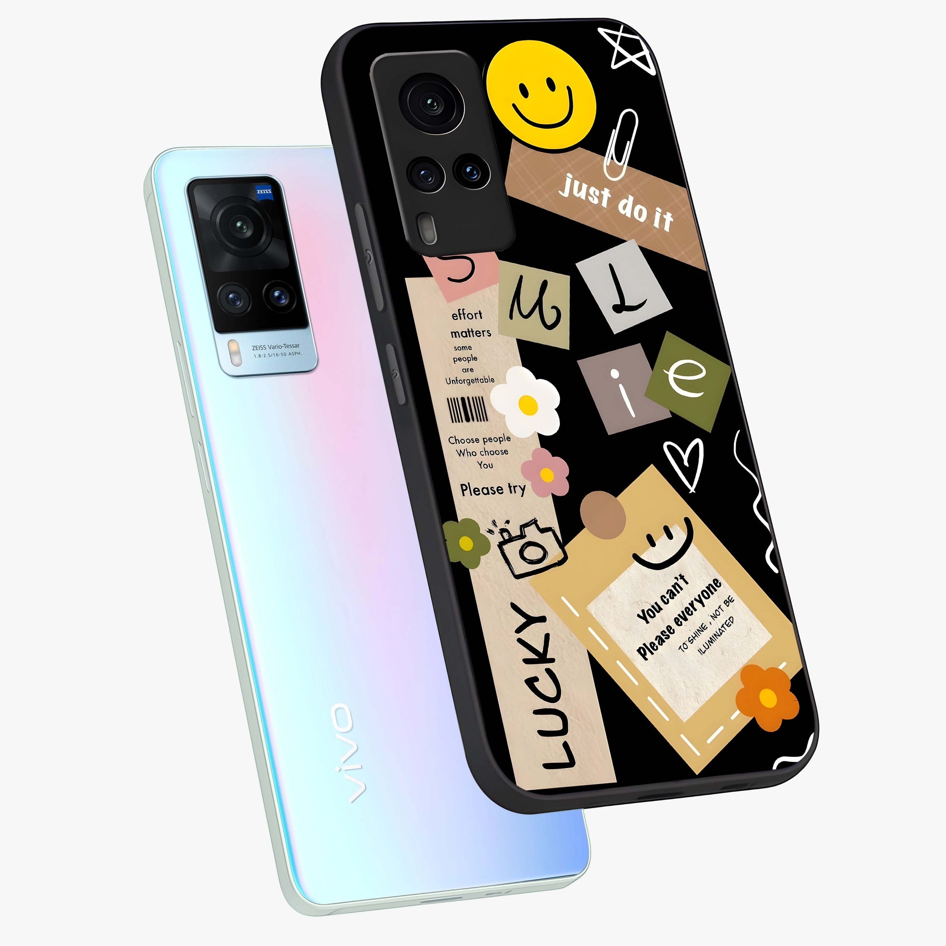 Lucky Aesthetic Collage Glass Case displayed in angled mockup highlighting stylish collage pattern with modern aesthetic vibe.
