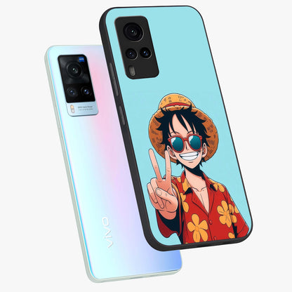 Luffy Summer Anime Vibe Glass Case displayed in angled mockup highlighting energetic anime illustration with summer vibe aesthetic.