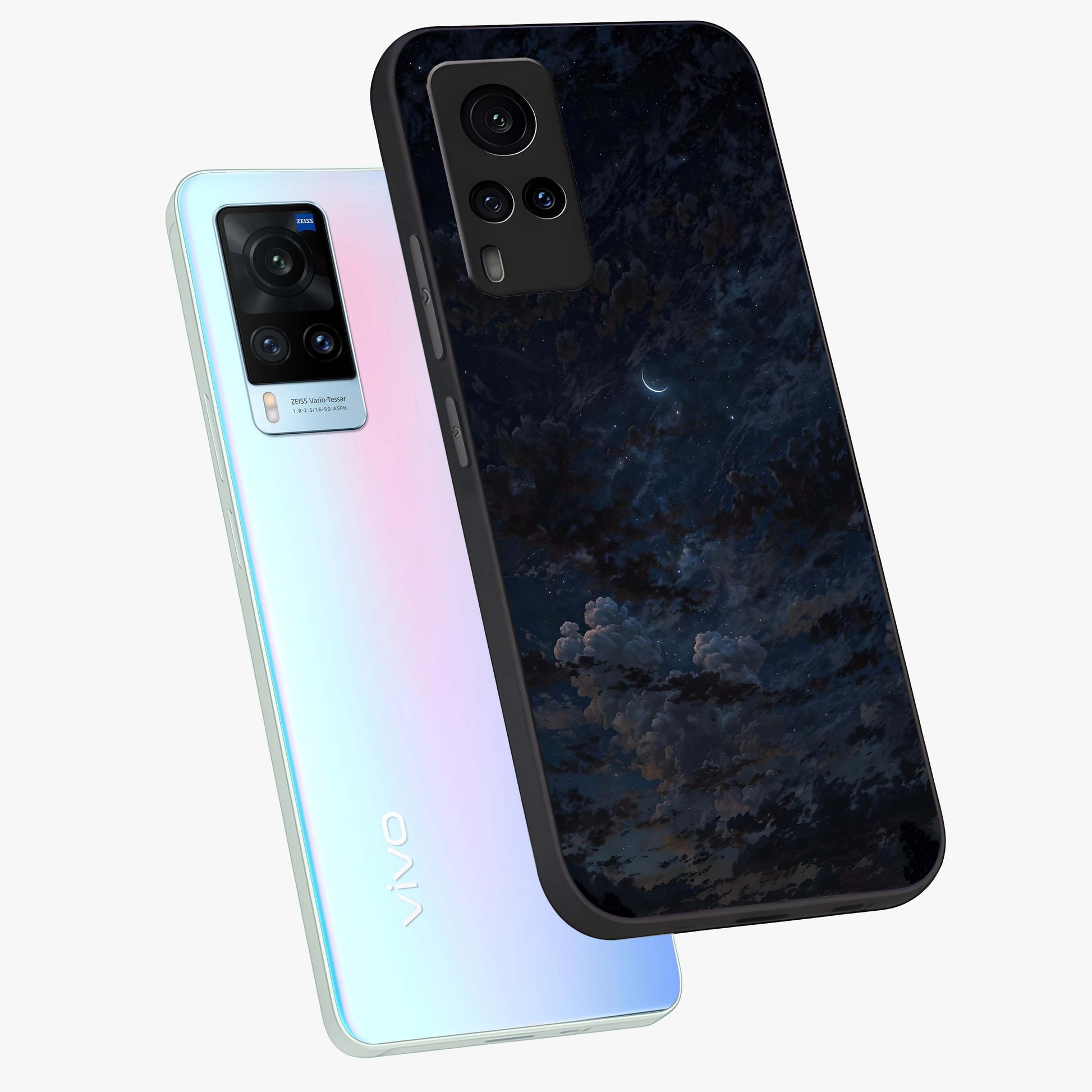 Lunar Veil Silence Glass Case displayed in angled mockup highlighting soft lunar design with peaceful celestial aesthetic.