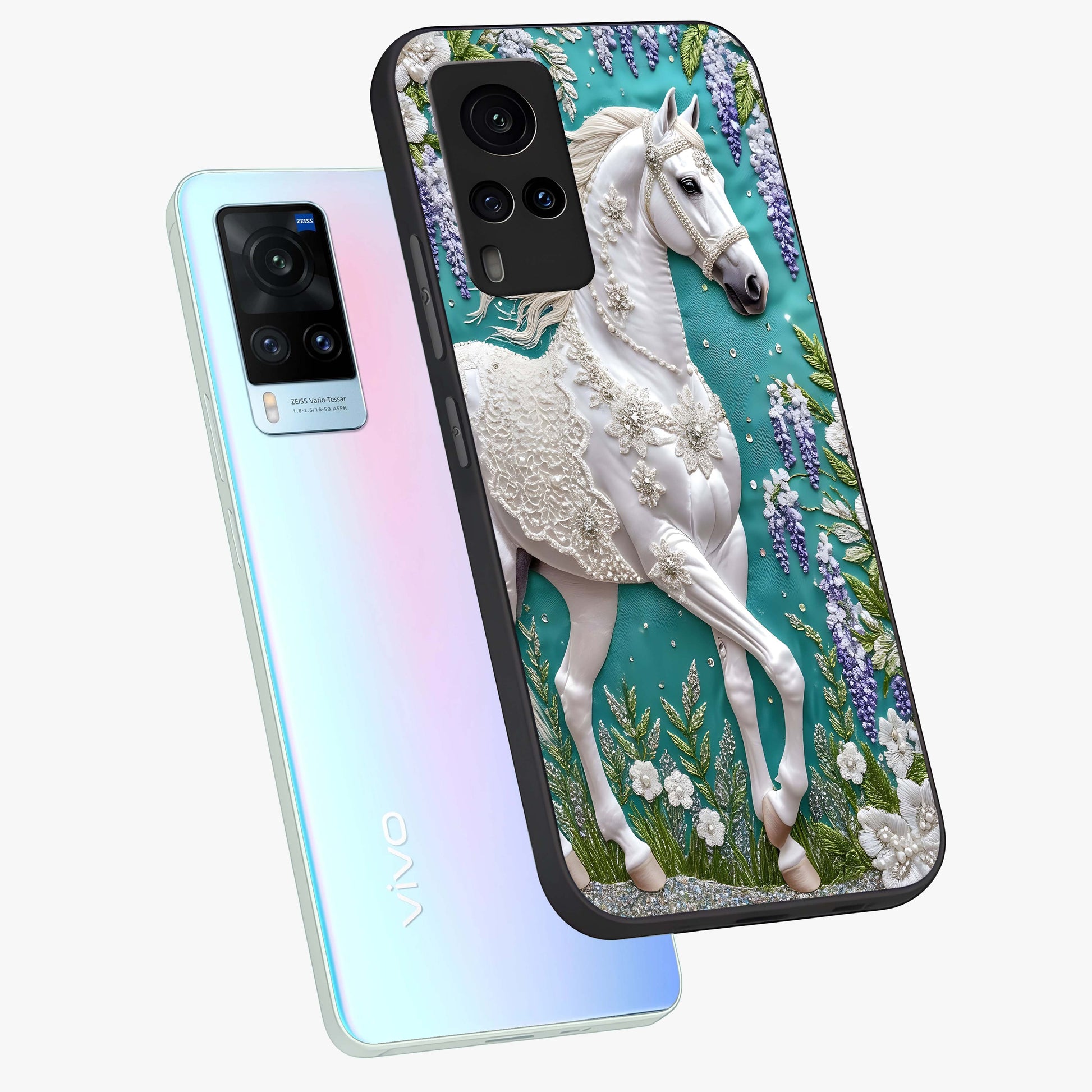 Majestic Floral Stallion Glass Case displayed in angled mockup highlighting majestic stallion illustration with elegant floral aesthetic.