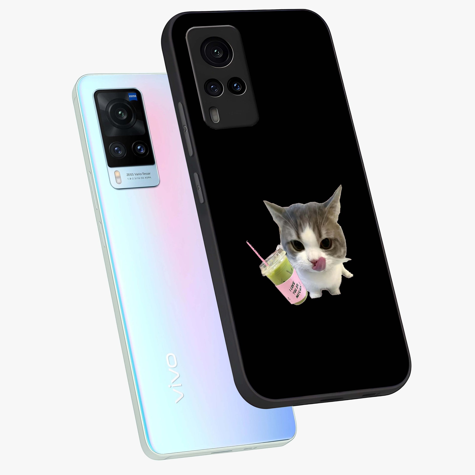 Matcha Cat Style Glass Case displayed in angled mockup highlighting playful feline design with pastel matcha aesthetic.