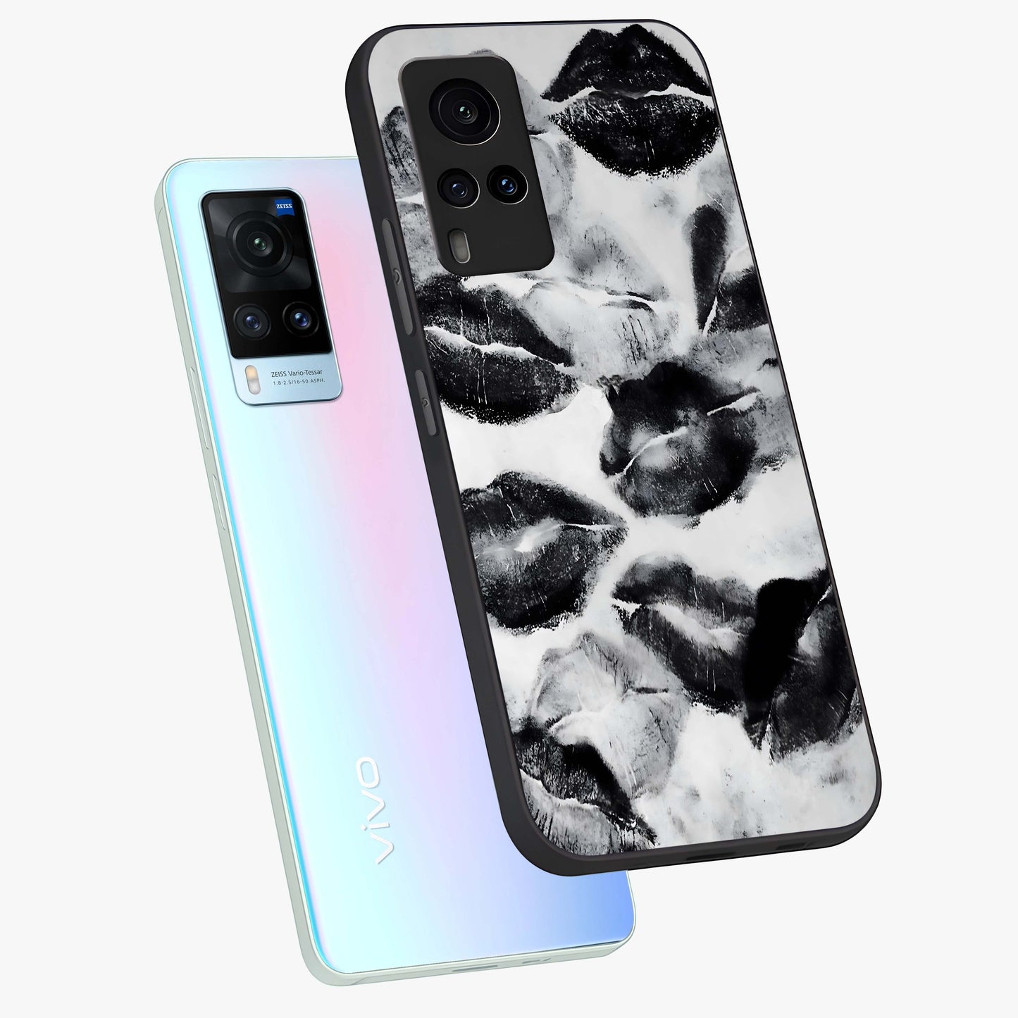 Midnight Kiss Marks Glass Case displayed in angled mockup highlighting playful romantic design with bold midnight aesthetic.