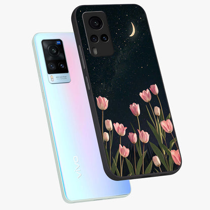 Midnight Tulip Whispers Vibe Glass Case displayed in angled mockup highlighting delicate tulip design with midnight floral aesthetic.