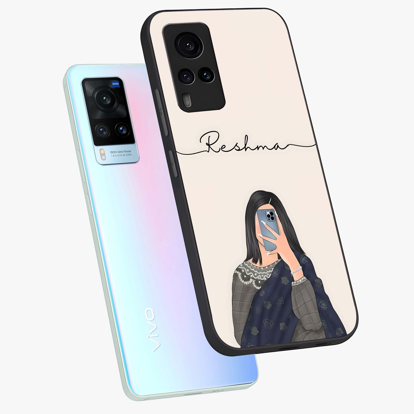 Mirror Mood Muse With Custom Name Glass Case displayed in angled mockup highlighting aesthetic mirror inspired design with custom name feature.