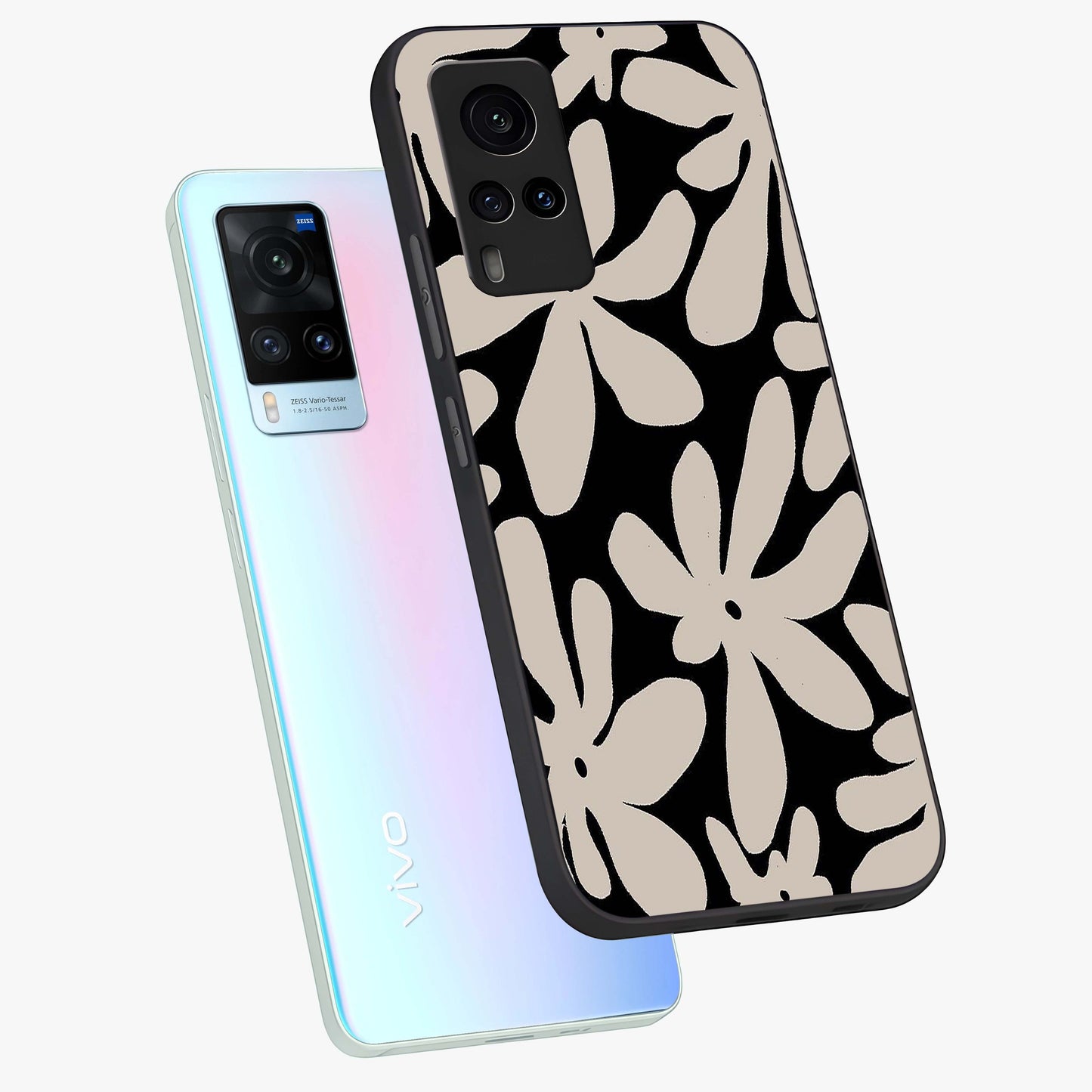 Monochrome Petal Dance Glass Case displayed in angled mockup highlighting elegant petal design with black and white aesthetic.