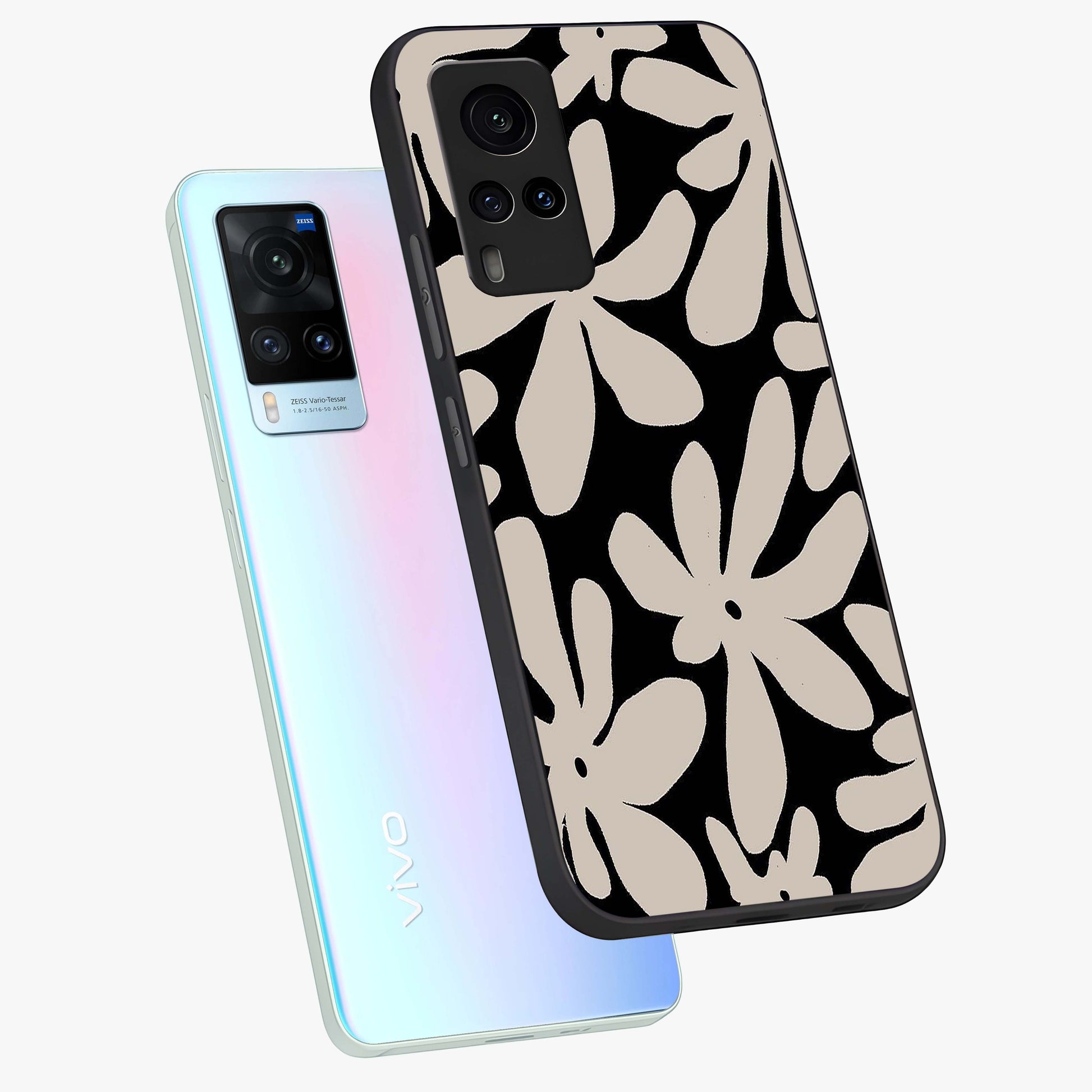 Monochrome Petal Dance Glass Case displayed in angled mockup highlighting elegant petal design with black and white aesthetic.