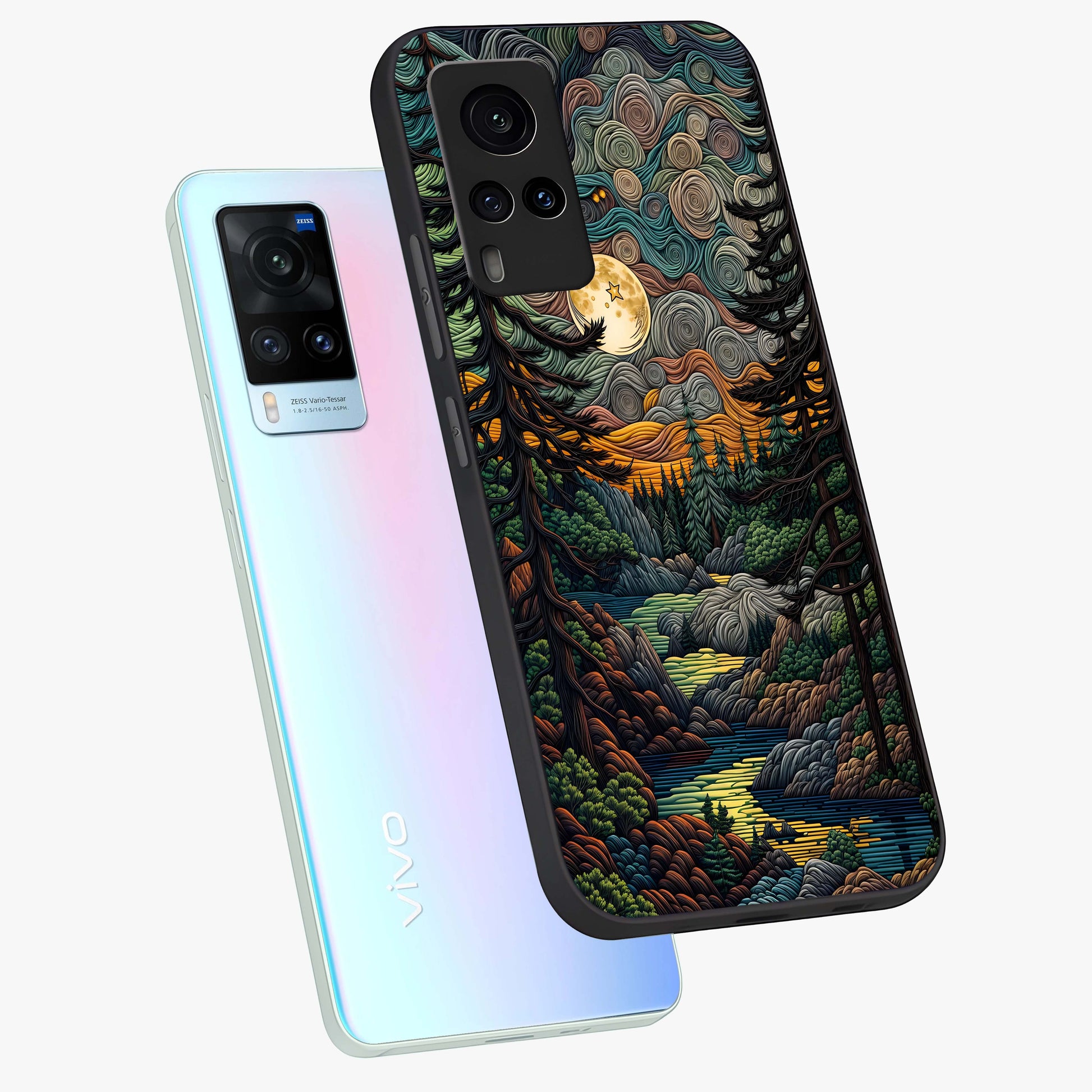 Moonlight Forest Dream Glass Case displayed in angled mockup highlighting dreamy forest design with glowing moon aesthetic.