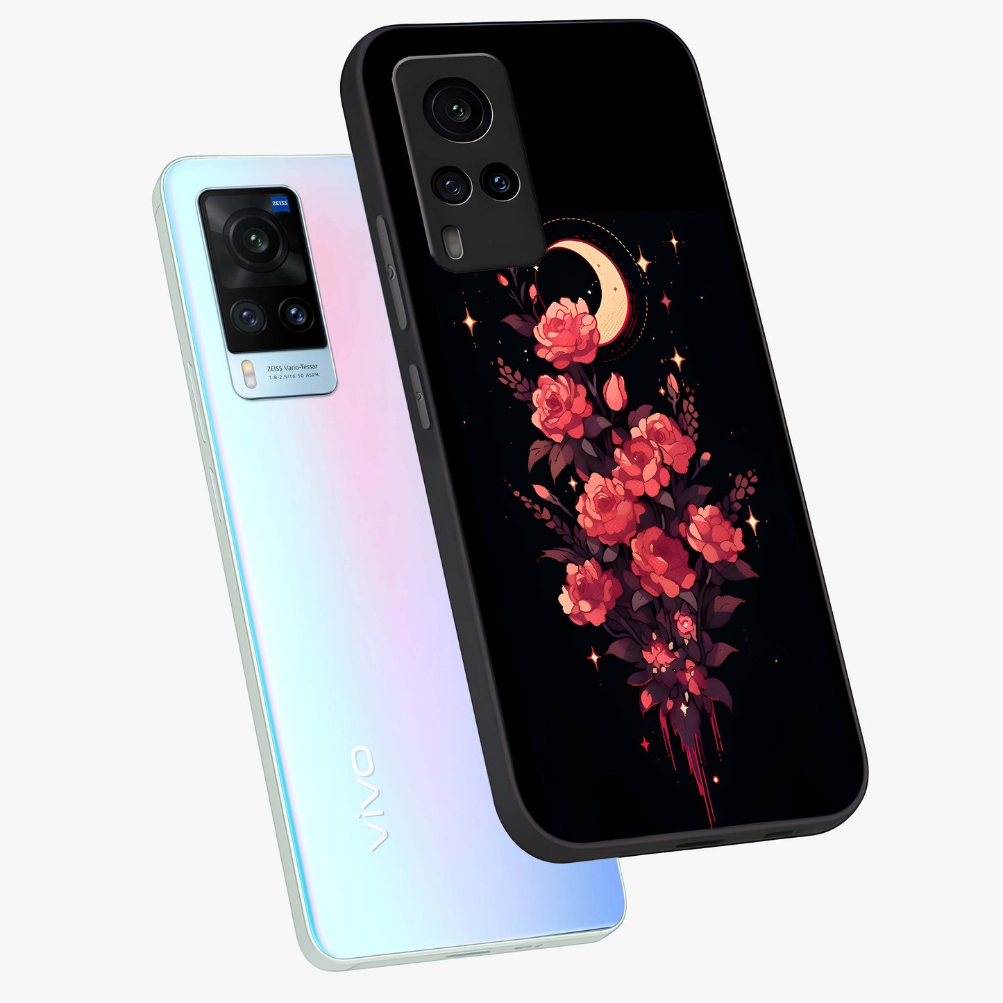 Moonlit Floral Elegance Glass Case displayed in angled mockup highlighting graceful flower design with soft moonlight aesthetic.