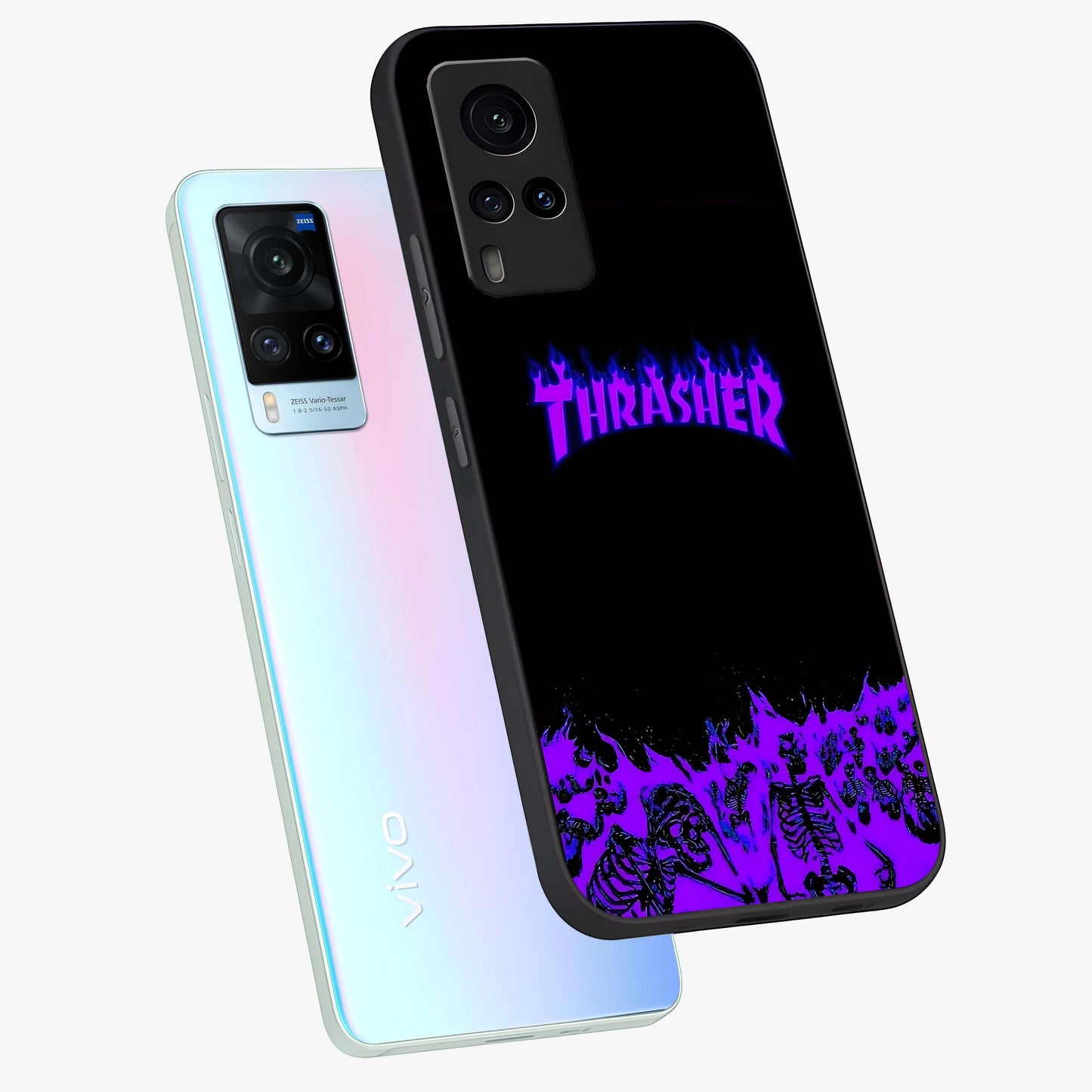 Neon Flame Riot Glass Case displayed in angled mockup highlighting glowing flame design with vibrant neon aesthetic.