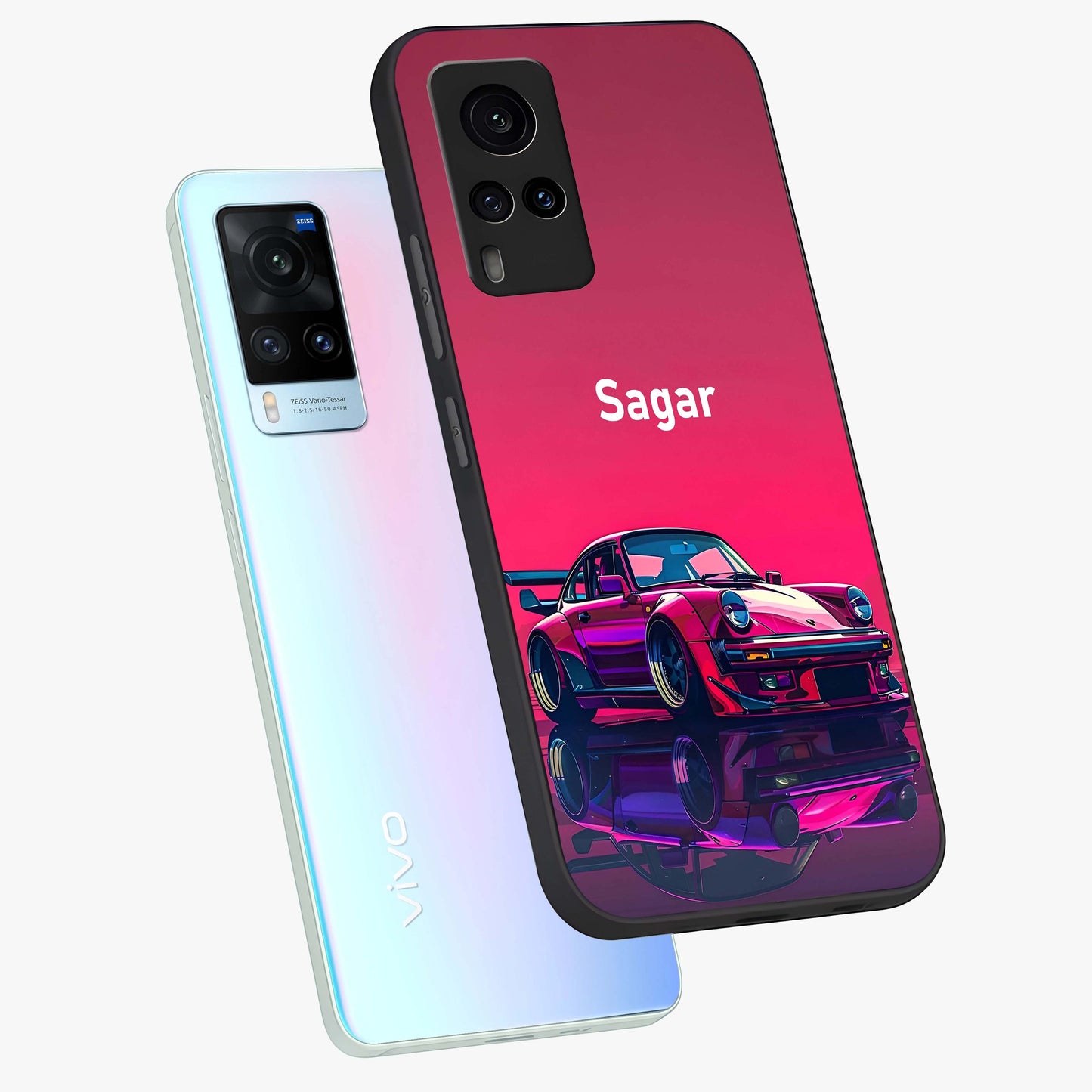Neon Pink Porsche Glass Case displayed in angled mockup highlighting sleek neon pink car design with racing aesthetic.