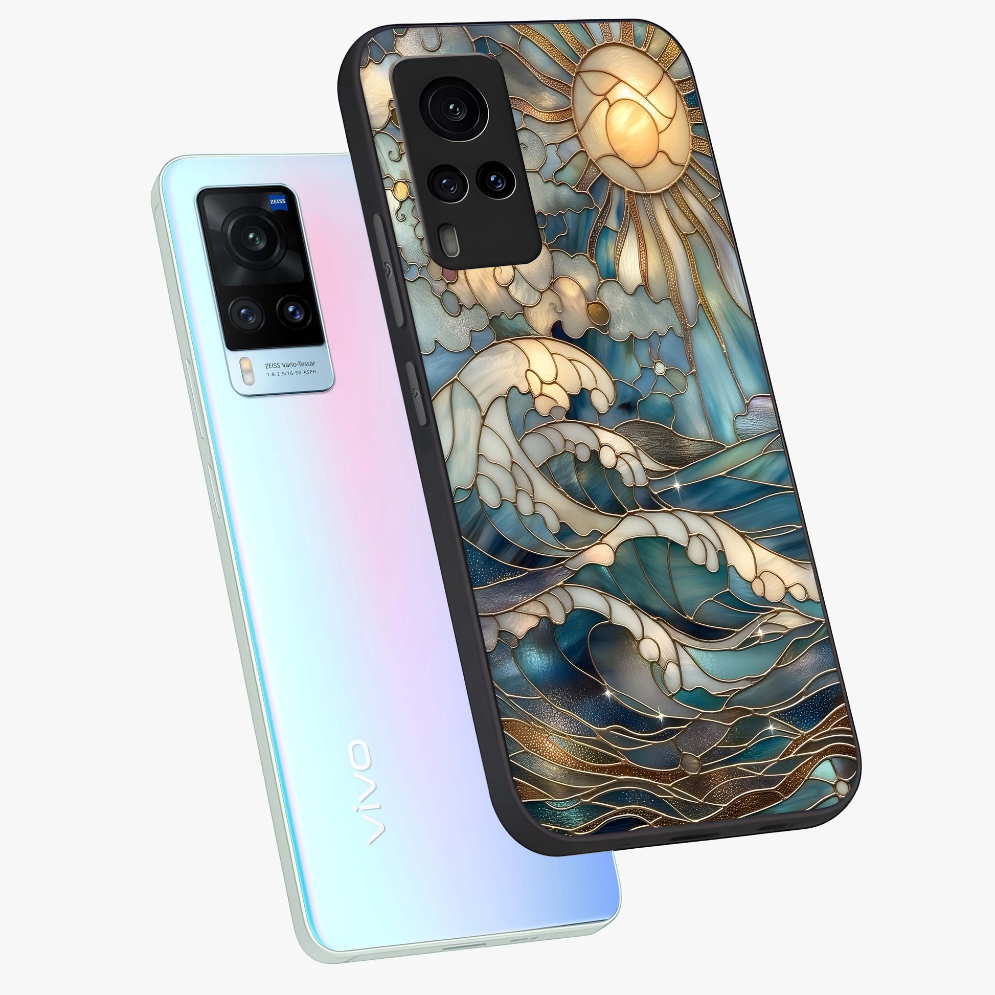 Oceanic Stained Printed Glass Case displayed in angled mockup highlighting colorful aquatic design with artistic aesthetic style.