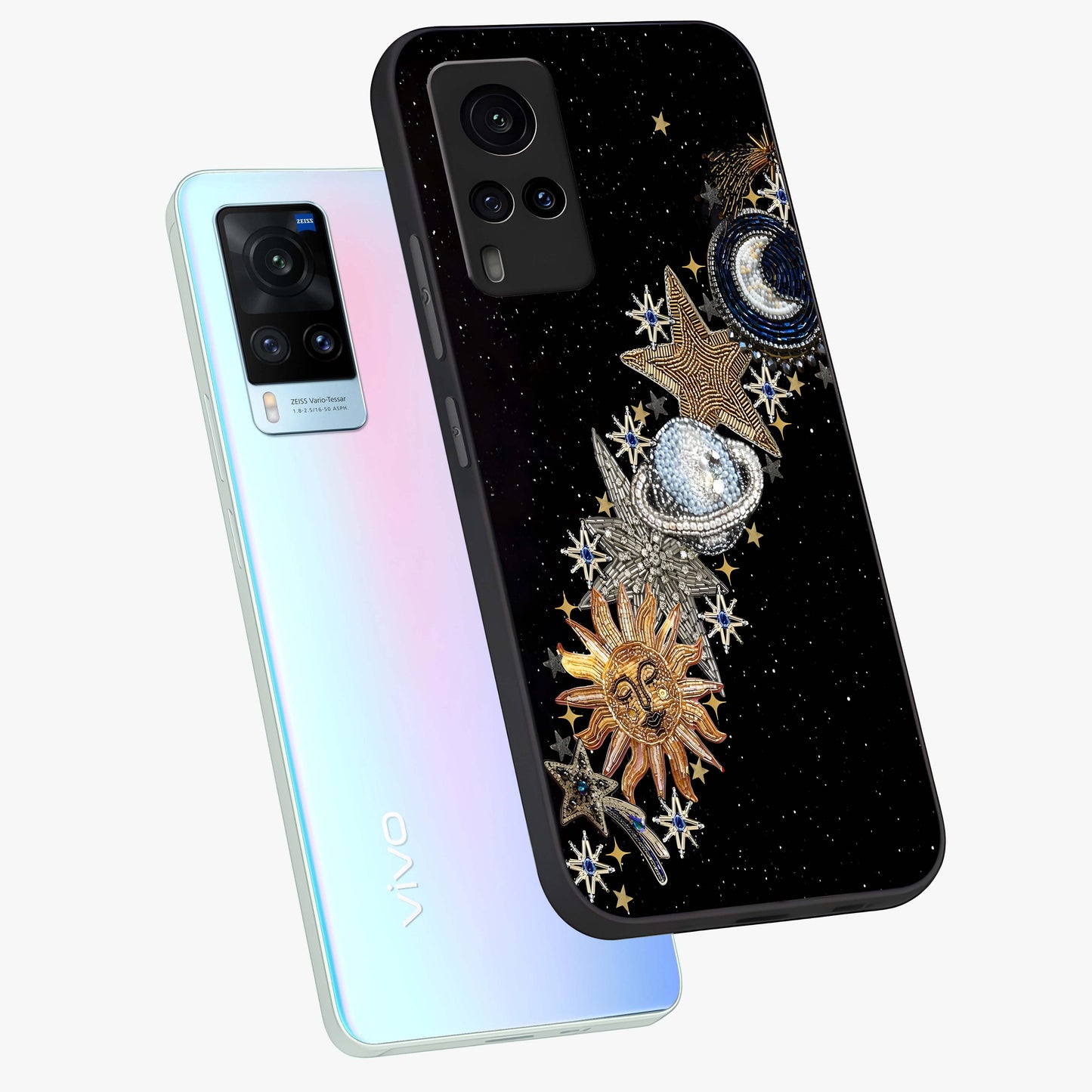 Pearls Universe Object Glass Case displayed in angled mockup highlighting celestial pearl design with dreamy aesthetic.