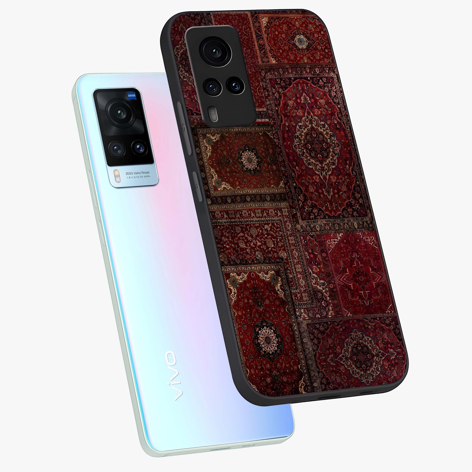 Persian Velvet Tale Glass Case displayed in angled mockup highlighting ornate textile inspired design with royal aesthetic.