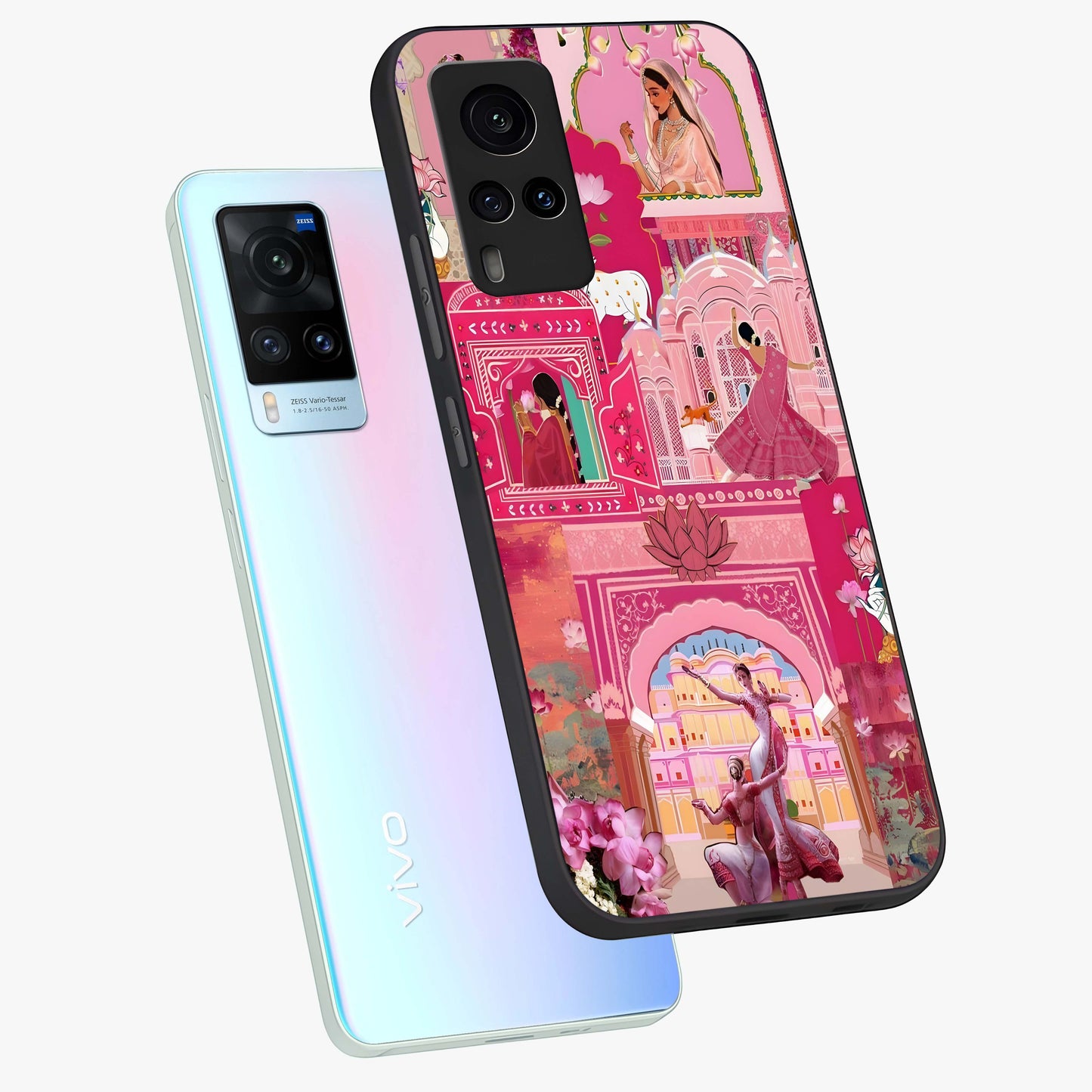 Pink Palace Muse Glass Case displayed in angled mockup highlighting dreamy palace illustration with soft pink aesthetic.
