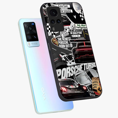 Porsche Racing Collage Glass Case displayed in angled mockup highlighting dynamic automotive design with bold racing aesthetic.