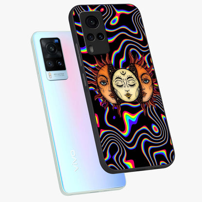 Psychedelic Sun Glass Case displayed in angled mockup highlighting vibrant abstract sun design with artistic aesthetic style.