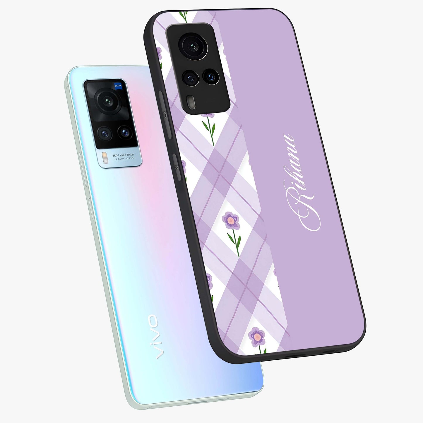 Purple Diamond Floral Glass Case displayed in angled mockup highlighting elegant purple flower design with decorative pattern.
