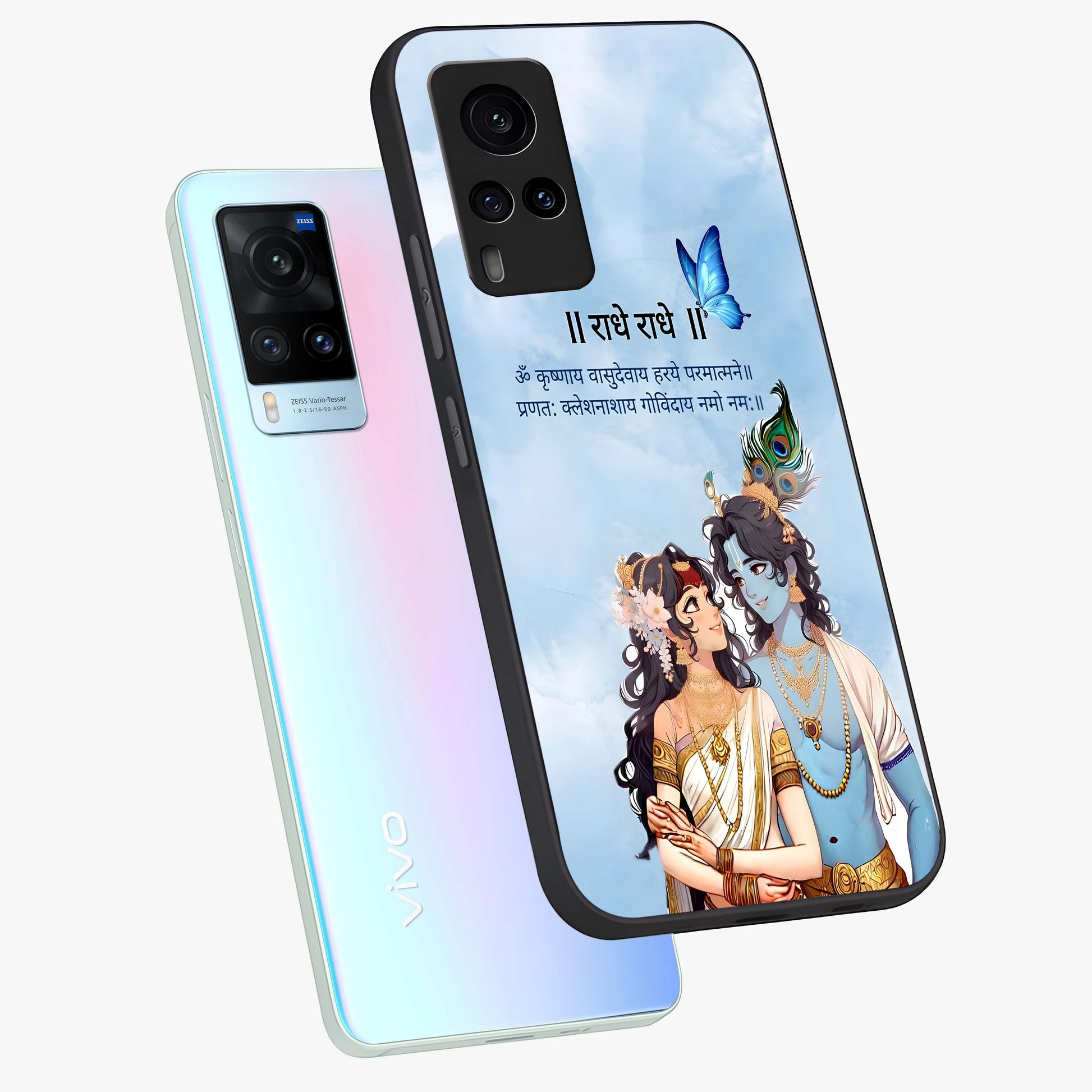 Radha Krishna Eternal Glass Case displayed in angled mockup highlighting divine Radha Krishna illustration with spiritual aesthetic.