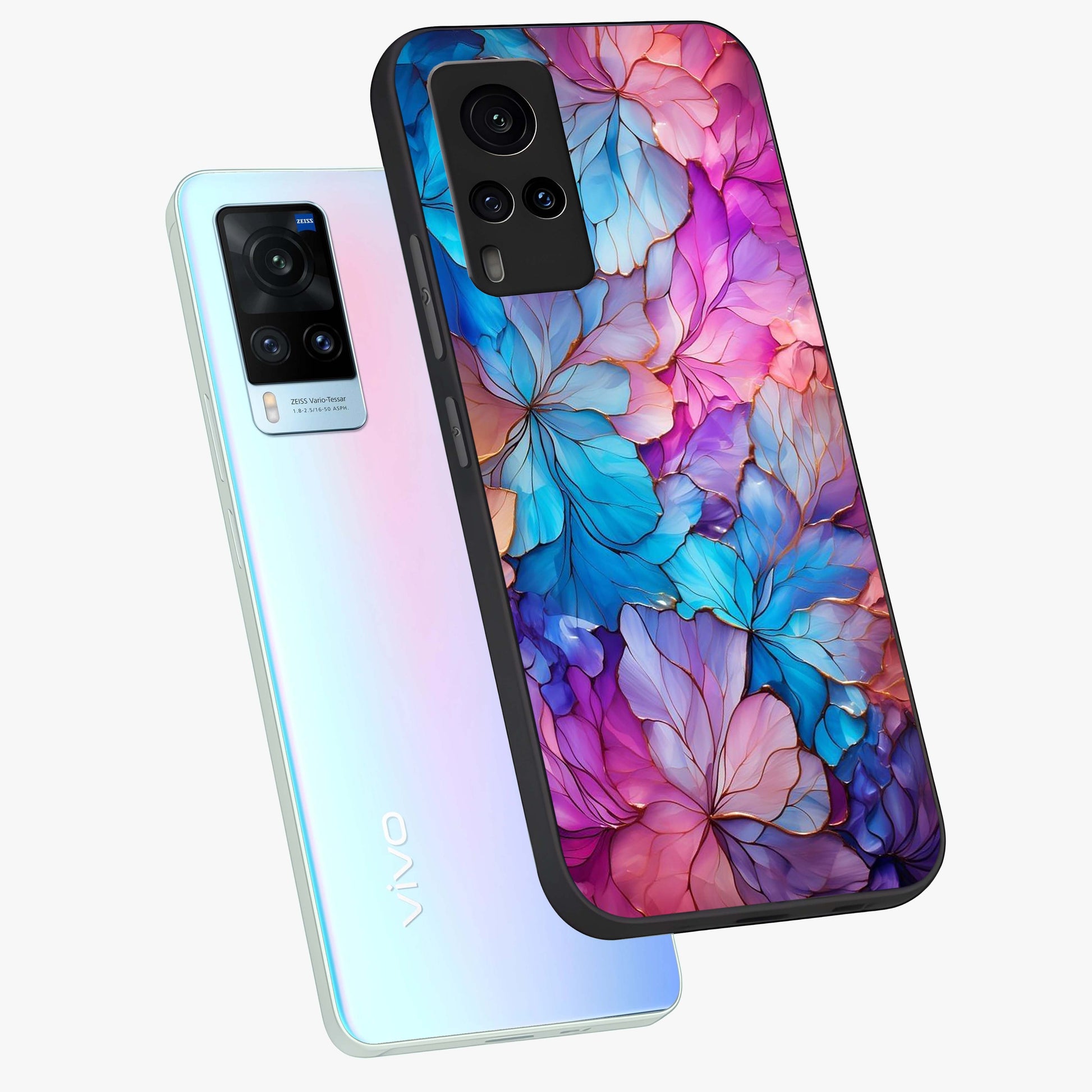 Radiant Floral Whirl Glass Case displayed in angled mockup highlighting vibrant flower pattern with dynamic artistic aesthetic.