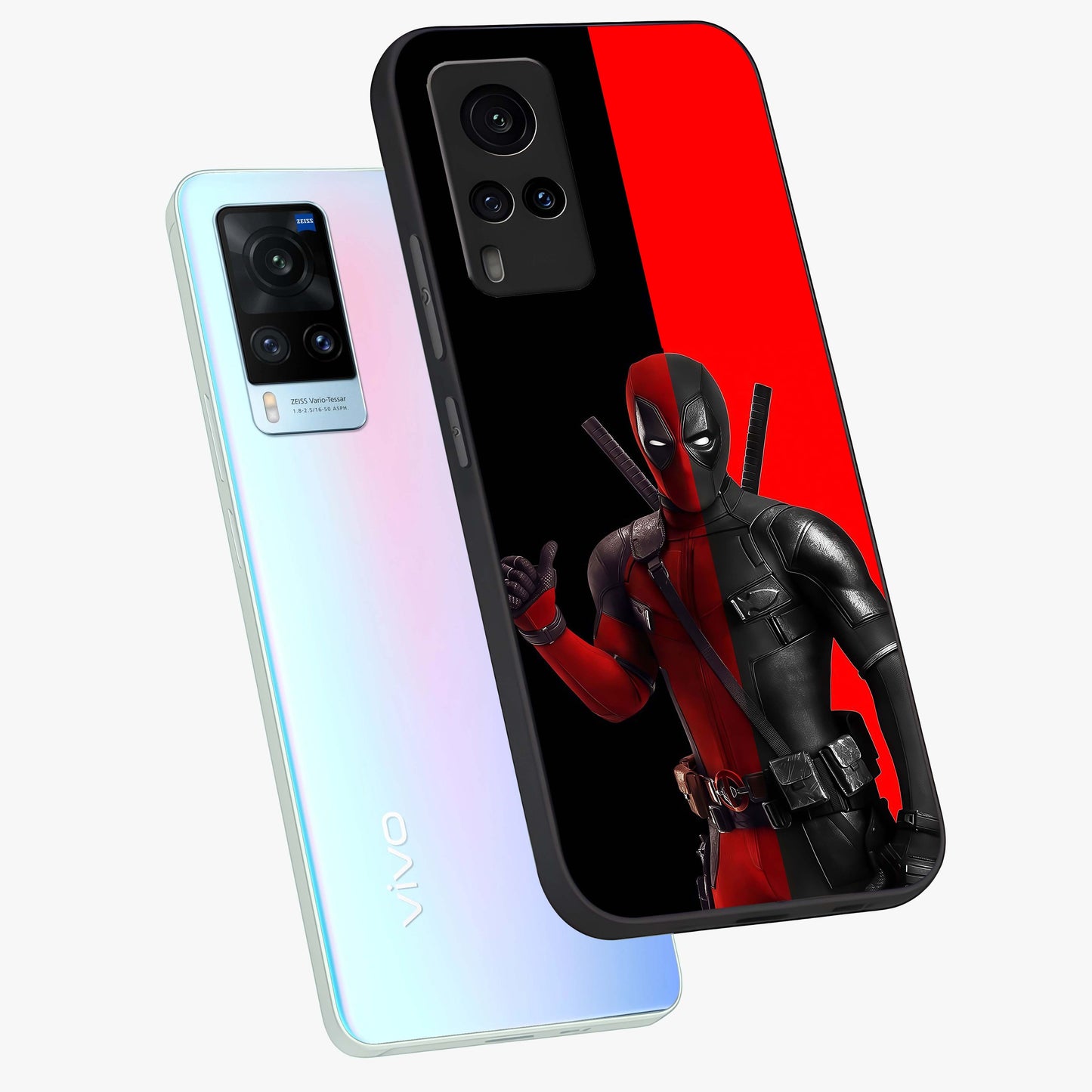 Red & Black Deadpool Theme Glass Case displayed in angled mockup highlighting vibrant superhero style illustration with action aesthetic.