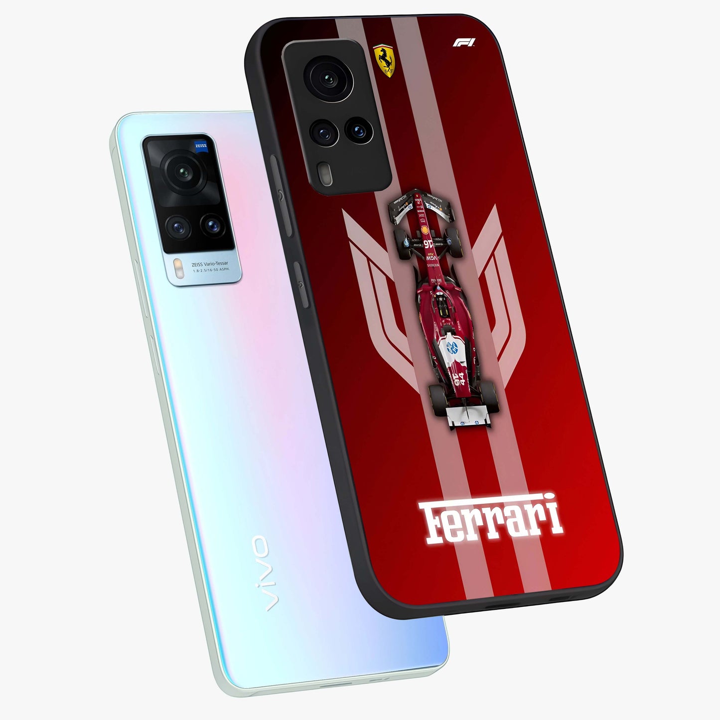 Red Ferrari F1 Vertical Glass Case displayed in angled mockup highlighting high speed racing design with bold automotive aesthetic.