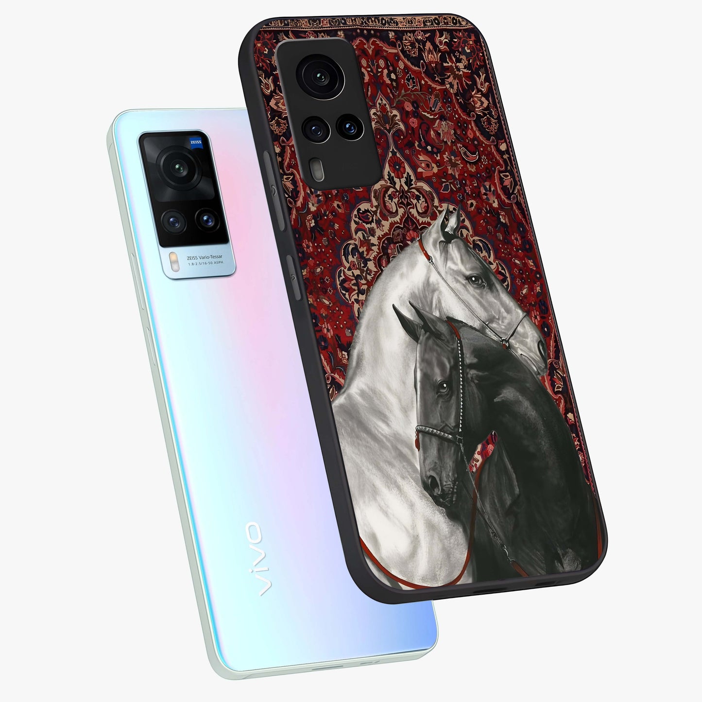 Regal Stallion Tapestry Glass Case displayed in angled mockup highlighting royal stallion design with decorative heritage aesthetic.