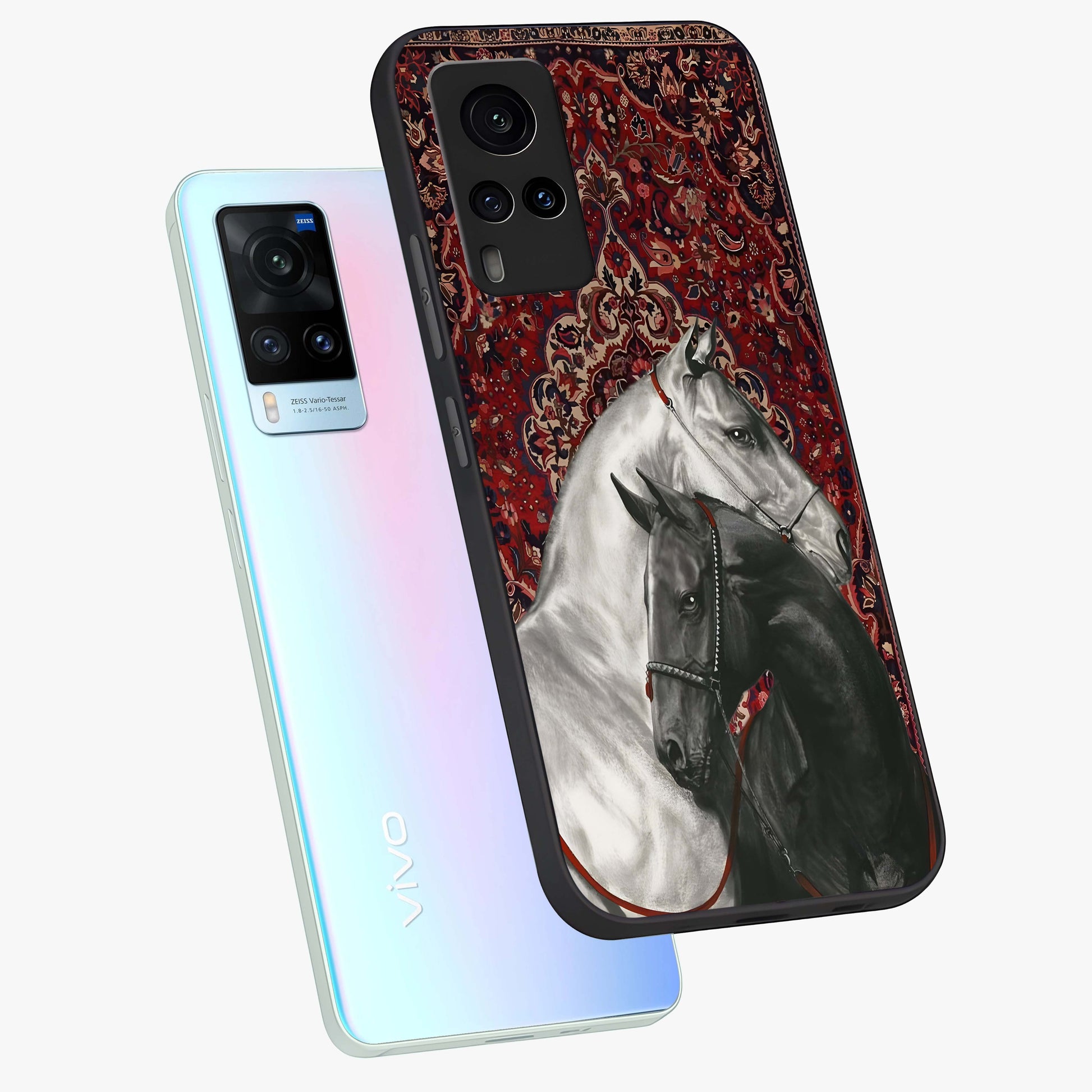 Regal Stallion Tapestry Glass Case displayed in angled mockup highlighting royal stallion design with decorative heritage aesthetic.