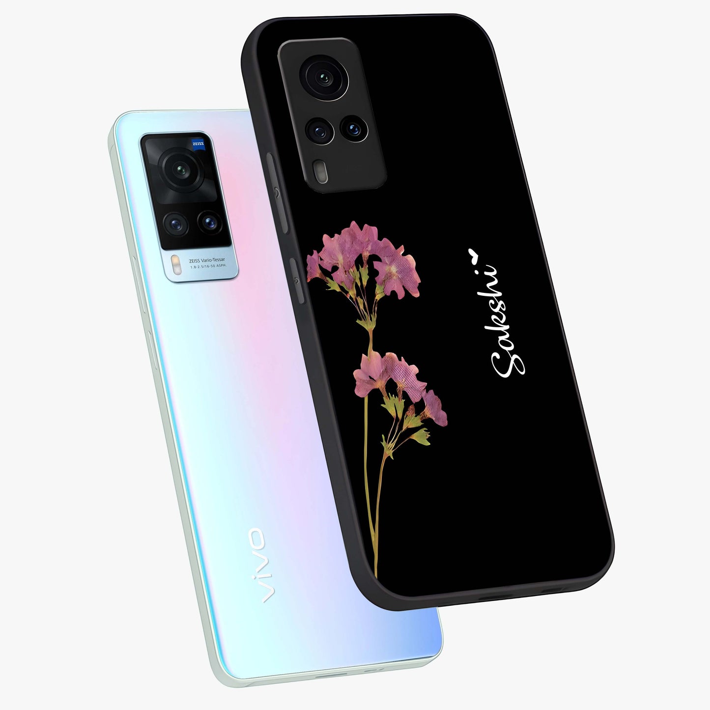 Riching Lavender Flower Custom Name Glass Case displayed in angled mockup highlighting delicate lavender flower design with custom name feature.