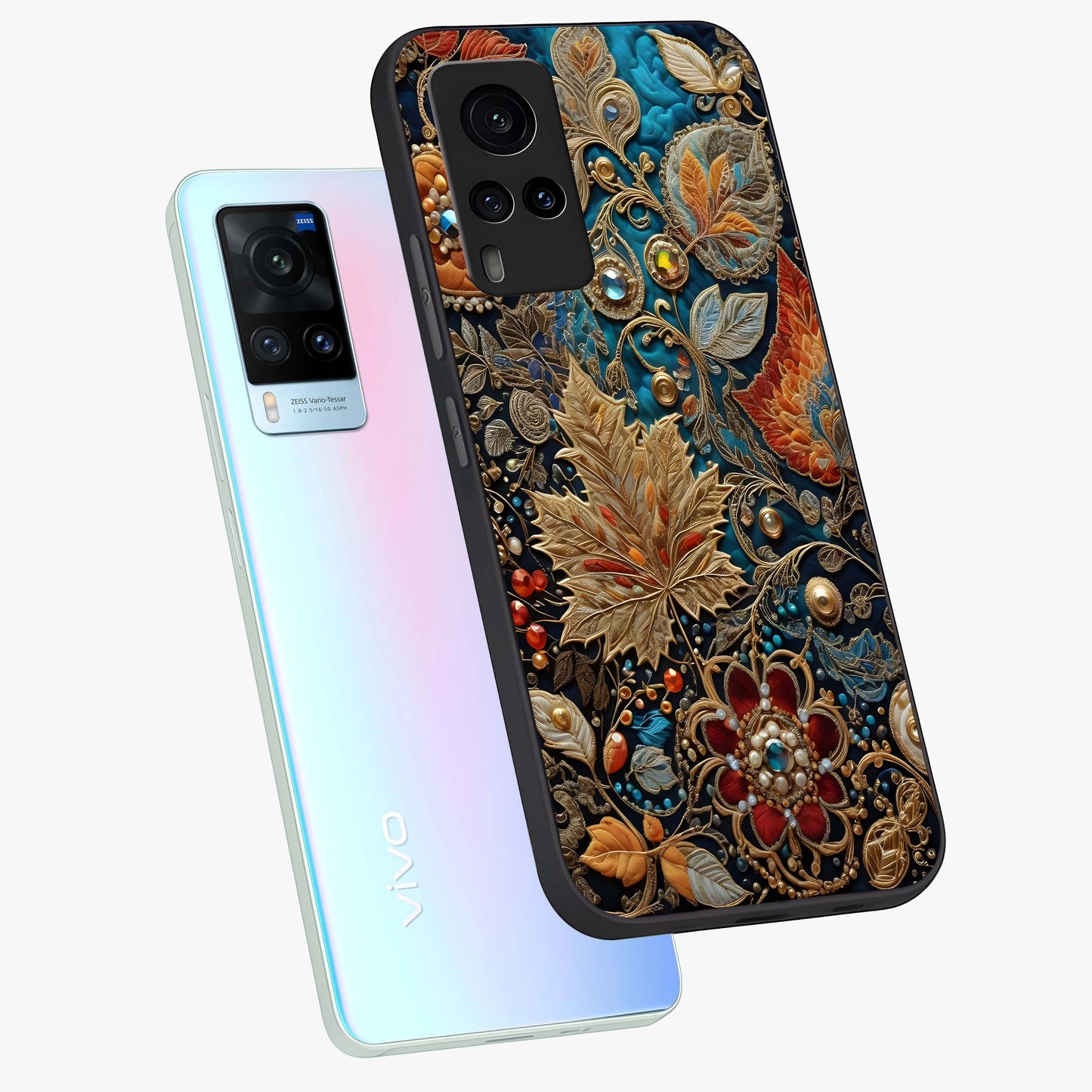 Royal Jewel Garden Glass Case displayed in angled mockup highlighting vibrant jewel inspired floral design with elegant aesthetic.