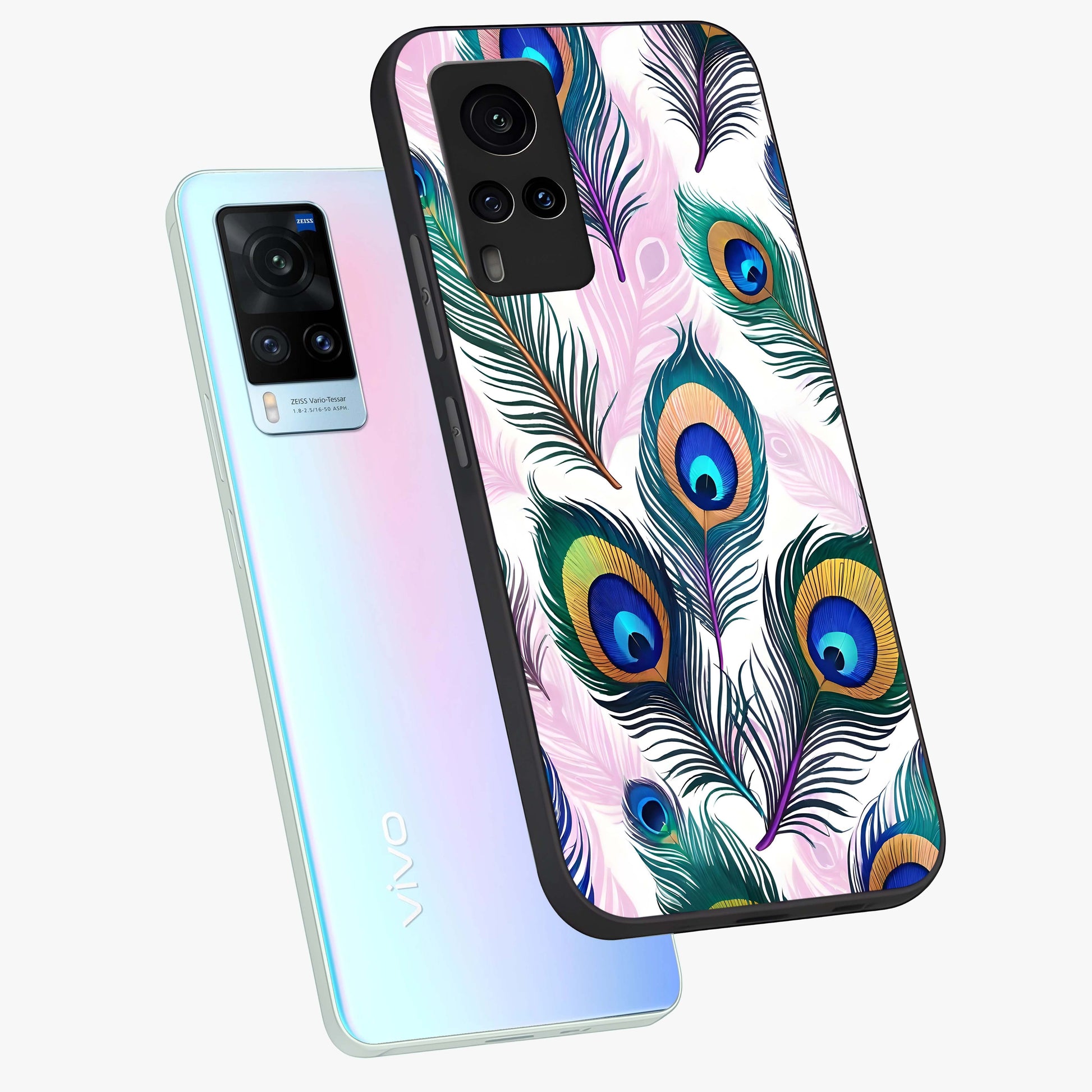 Royal Peacock Feathers Glass Case displayed in angled mockup highlighting vibrant feather pattern with regal aesthetic style.