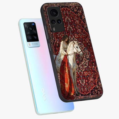 Royal Rider Tapestry Glass Case displayed in angled mockup highlighting traditional tapestry design with royal heritage aesthetic.