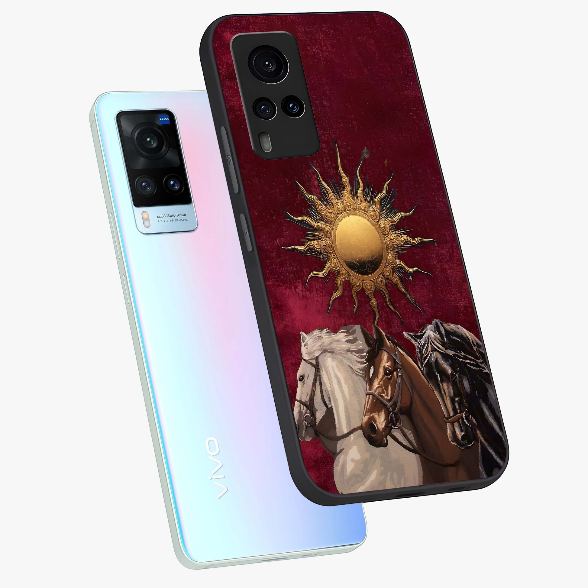 Solar Riders Glass Case displayed in angled mockup highlighting powerful rider illustration with radiant solar aesthetic.