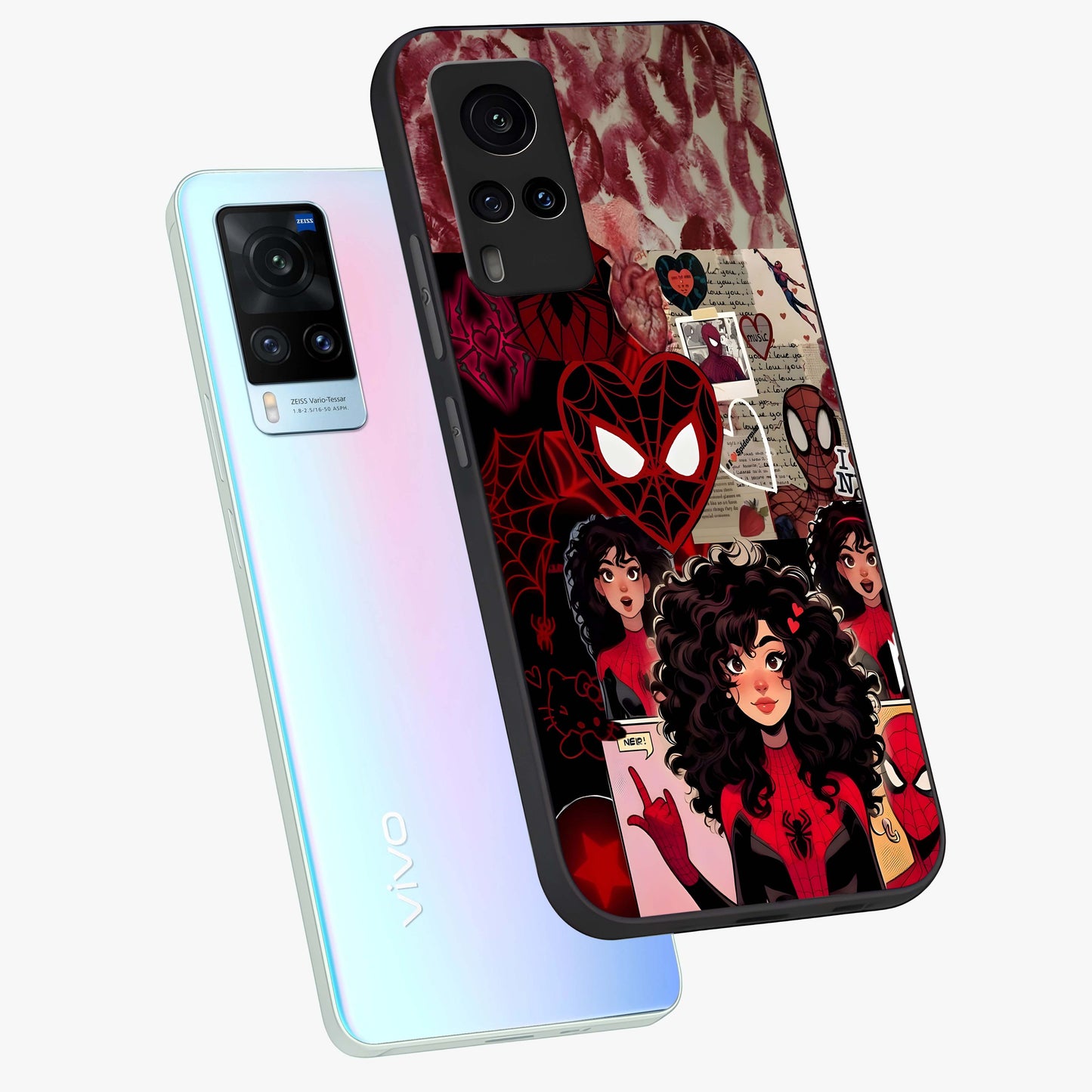 Spider Love Story Glass Case displayed in angled mockup highlighting expressive comic inspired design with playful aesthetic.