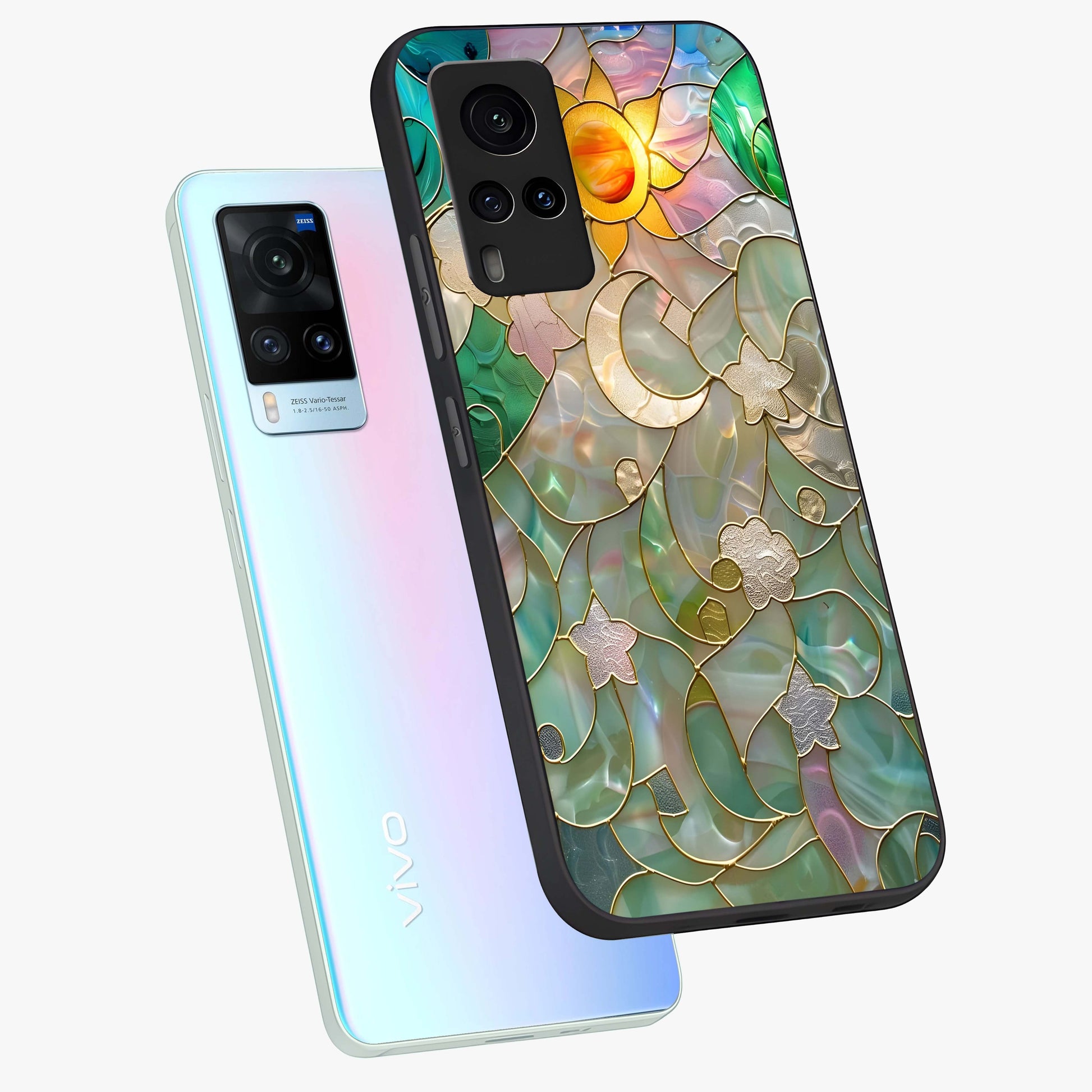 Stained Sunrise Glow Glass Case displayed in angled mockup highlighting radiant sunrise design with artistic aesthetic style.