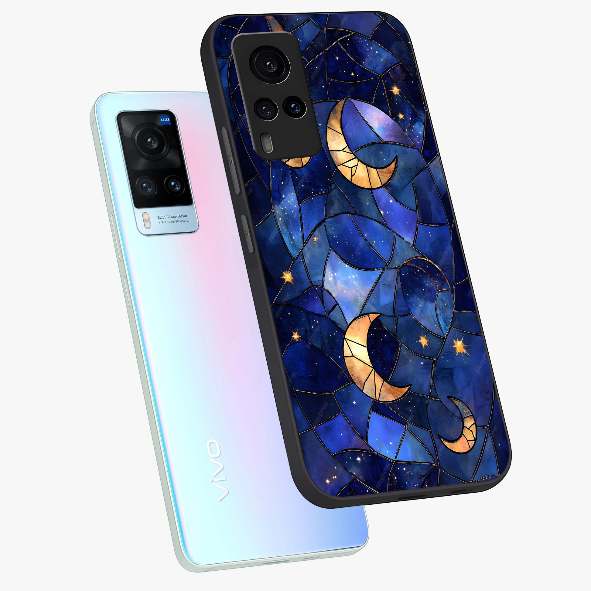 Starlit Sky Tapestry Glass Case displayed in angled mockup highlighting celestial night pattern with artistic aesthetic style.