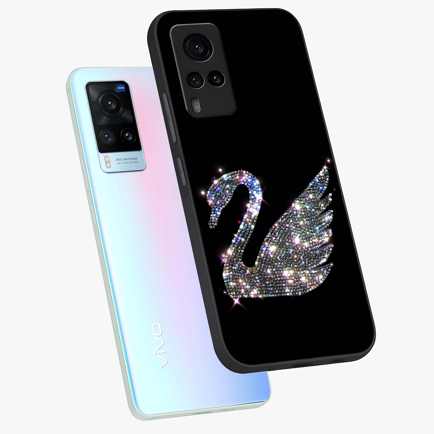 Starlit Swan Grace Glass Case displayed in angled mockup highlighting elegant swan illustration with dreamy celestial aesthetic.