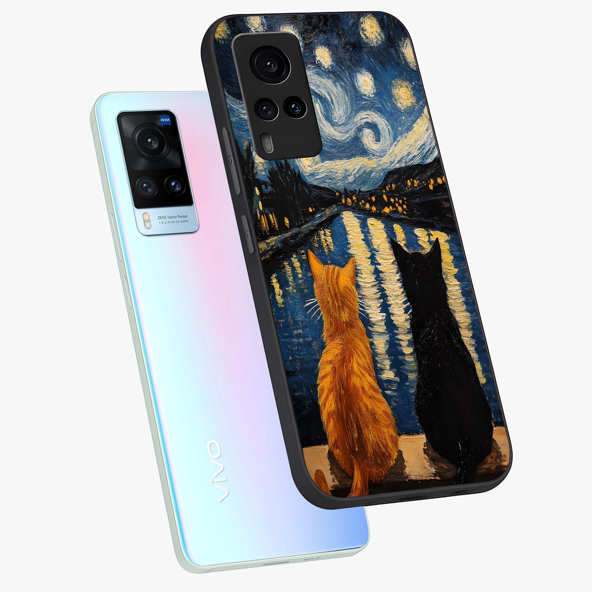 Starry River Cats Glass Case displayed in angled mockup highlighting charming feline illustration with dreamy night aesthetic.