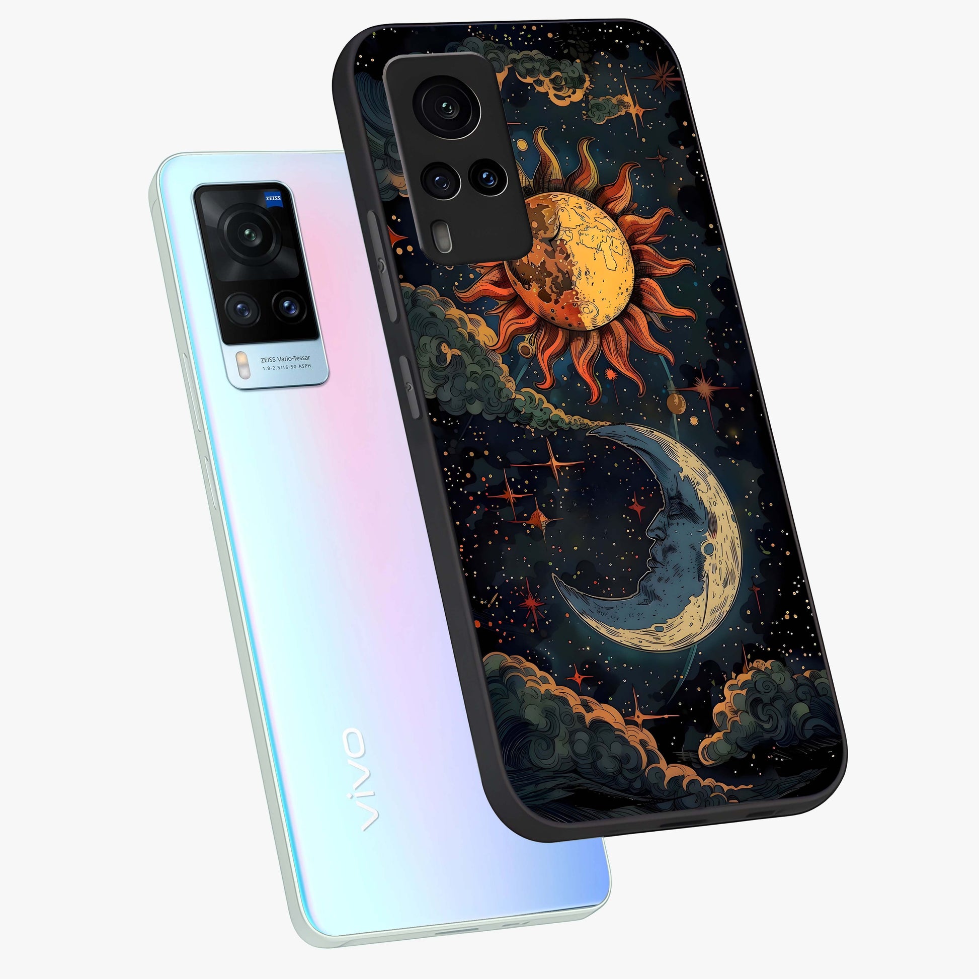 Sun And Moon Magic Design Glass Case displayed in angled mockup highlighting celestial design with magical cosmic aesthetic.