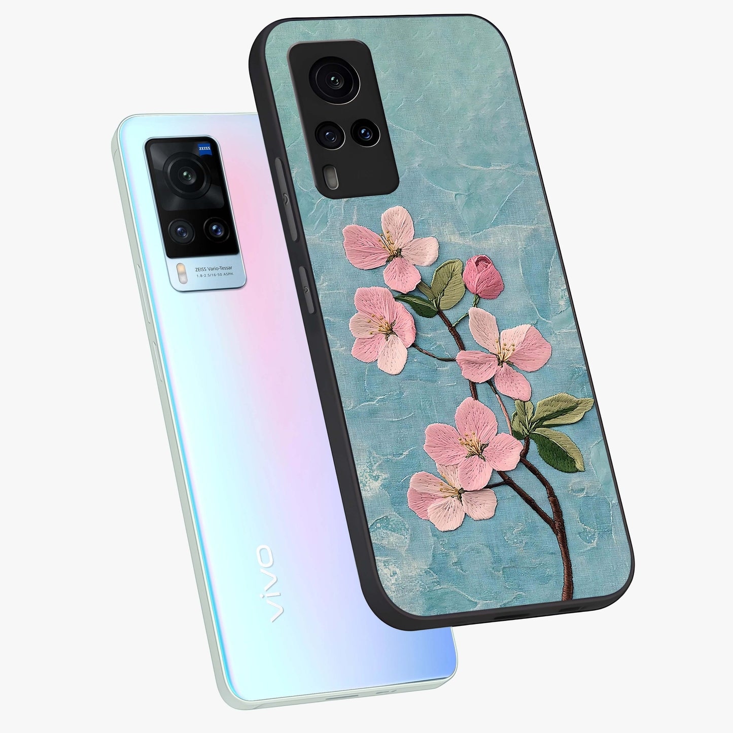 Threaded Blossom Breeze Glass Case displayed in angled mockup highlighting elegant floral design with soft aesthetic style.