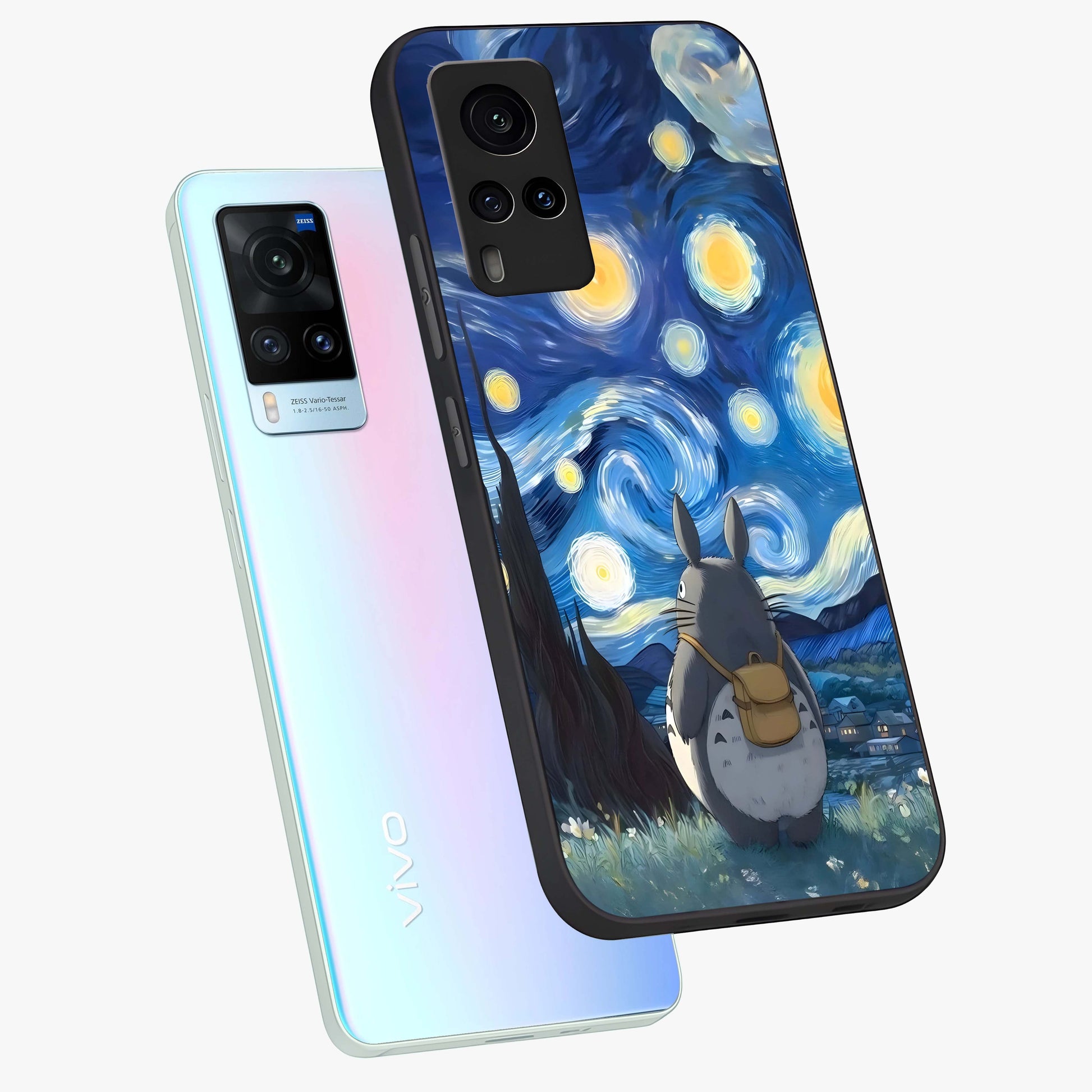 Totoro In Van Gogh Art Glass Case displayed in angled mockup highlighting artistic swirling sky design with playful animation aesthetic.
