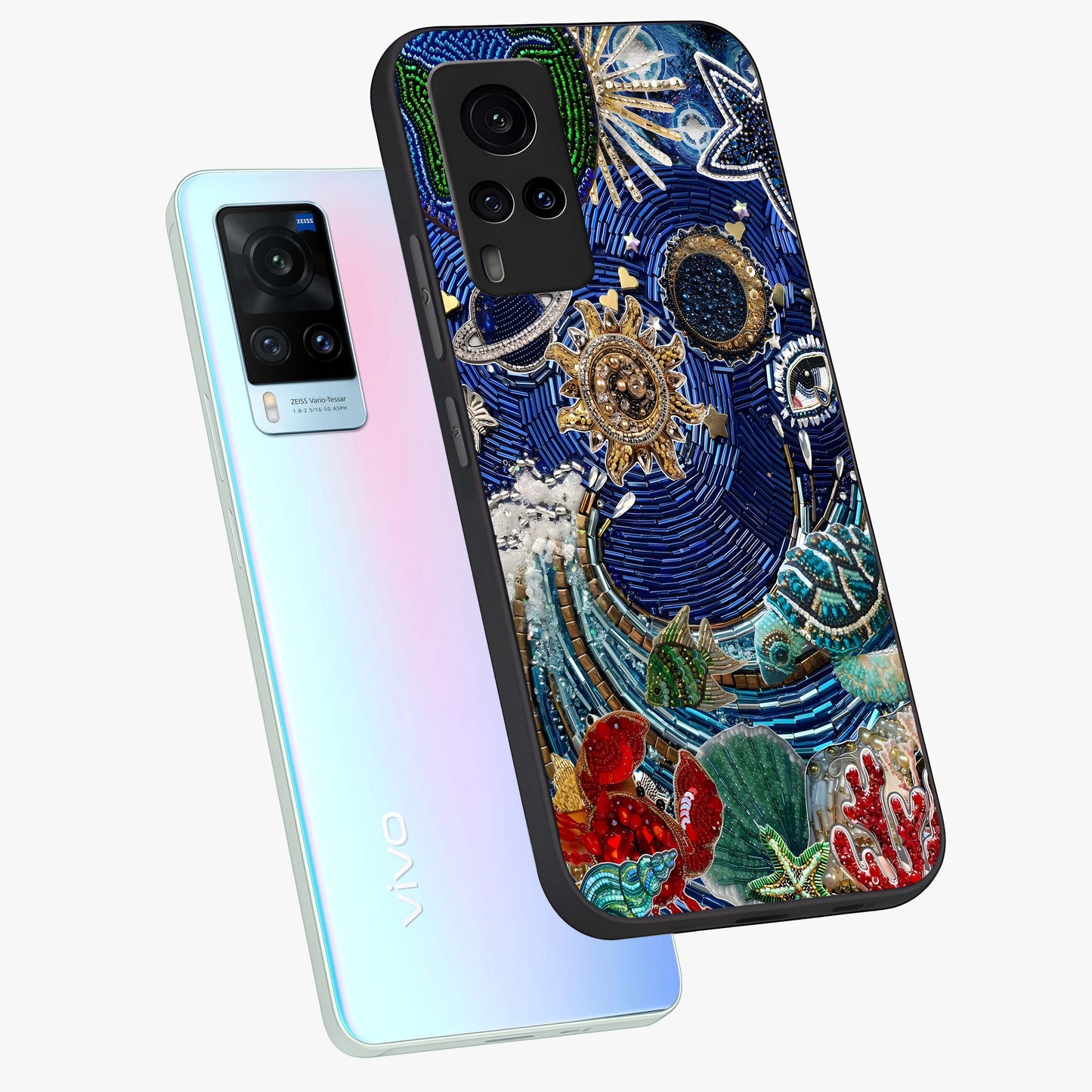 Universe Underwater Spark Glass Case displayed in angled mockup highlighting glowing aquatic design with celestial aesthetic.