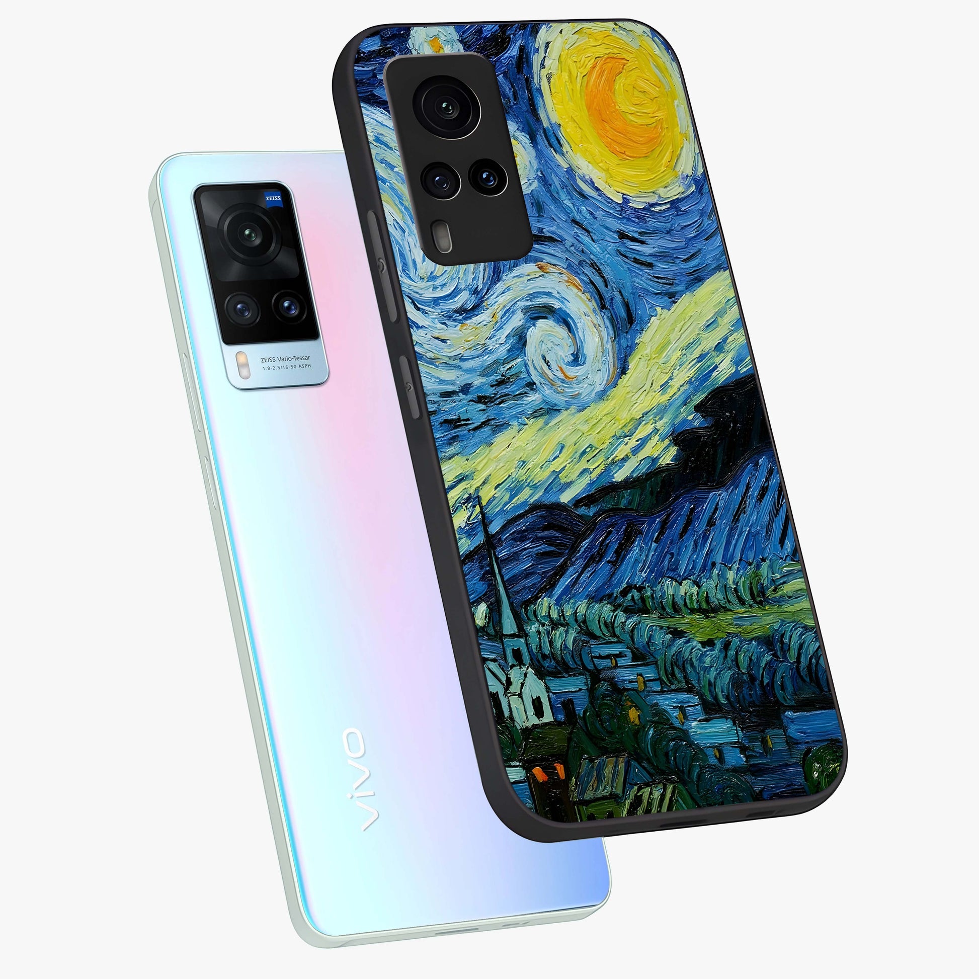 Van Gogh Art Glass Case displayed in angled mockup highlighting swirling brushstroke design with artistic aesthetic.