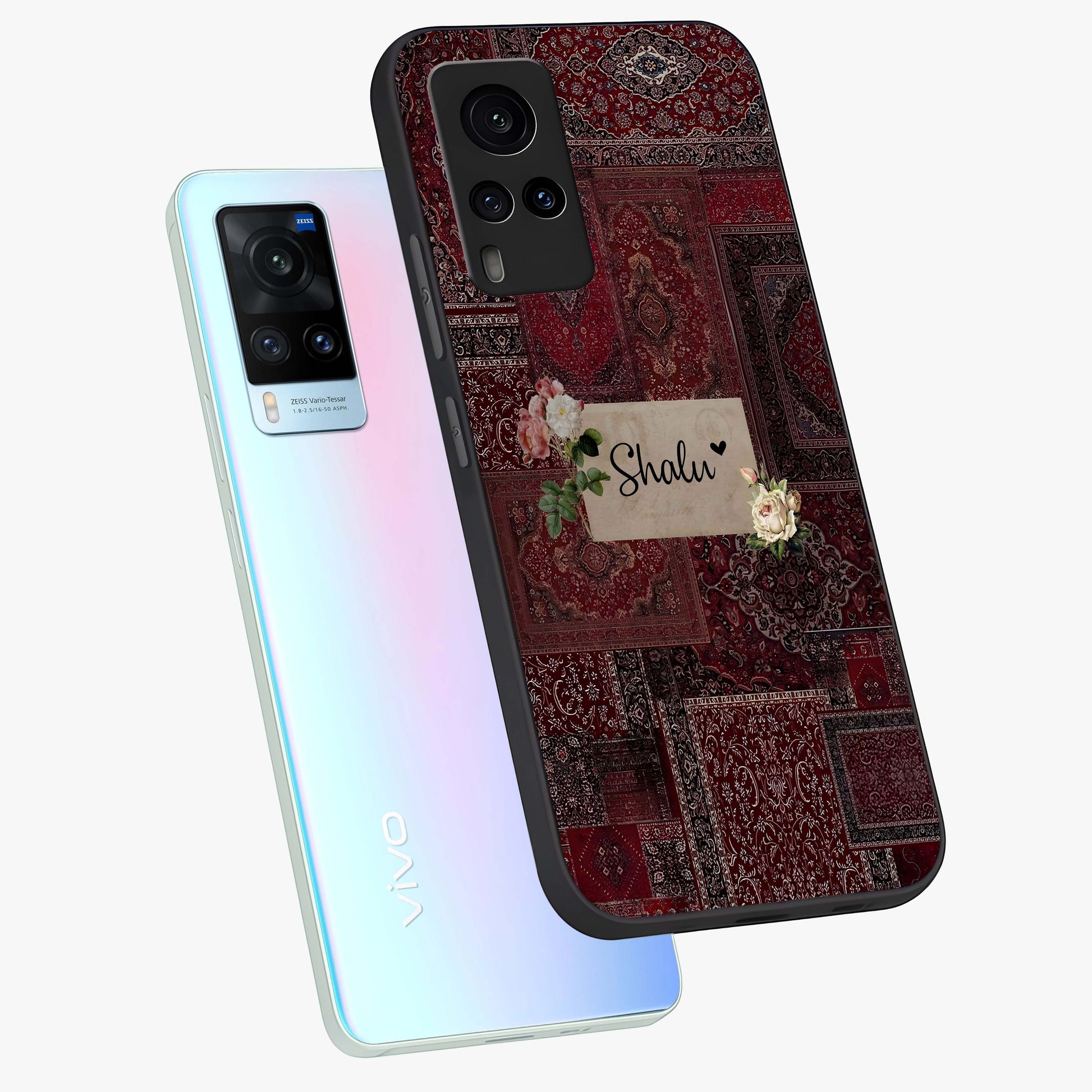 Velvet Wine Pattern Custom Name Glass Case displayed in angled mockup highlighting decorative velvet inspired design with custom name feature.